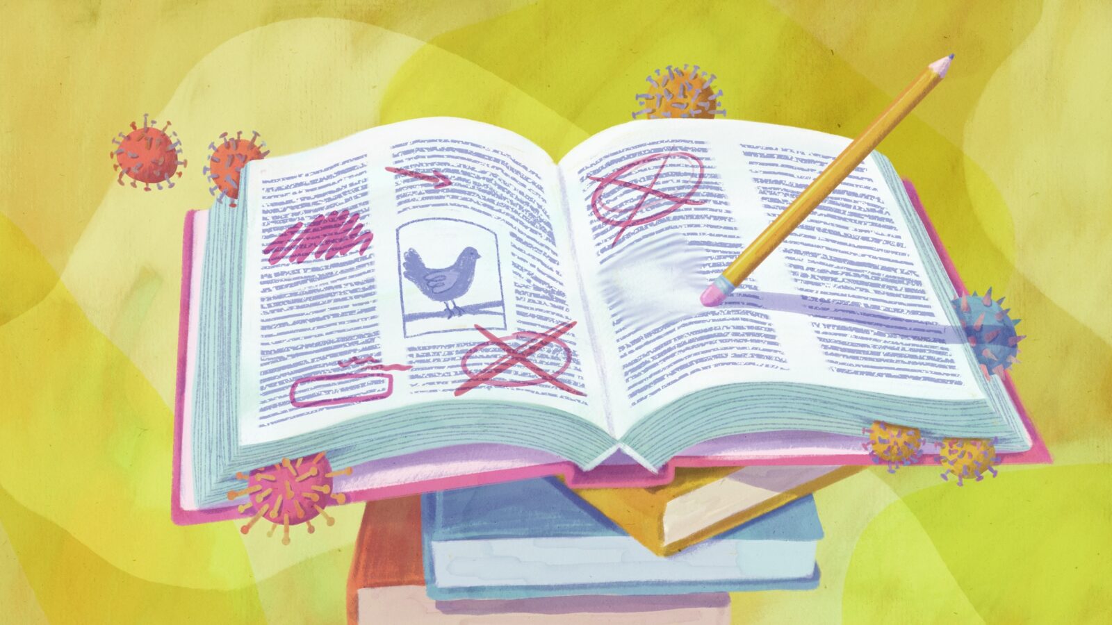 An illustration of an open textbook with images of birds and viruses and a pencil erasing notes