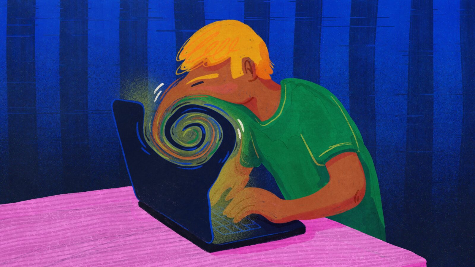 An illustration of a face swirling and blurring as it's almost sucked into a computer screen