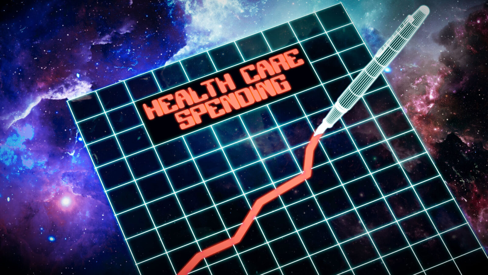 A neon-and-black graph that reads "health care spending" with a line trending upward floats in outer space.