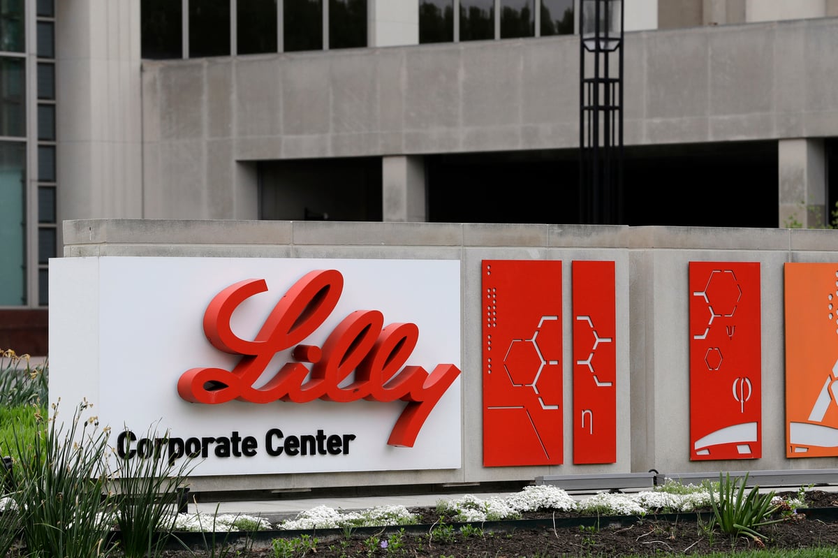 A sign reading Lilly Corporate Center at Eli Lilly headquarters in headquarters in Indianapolis.