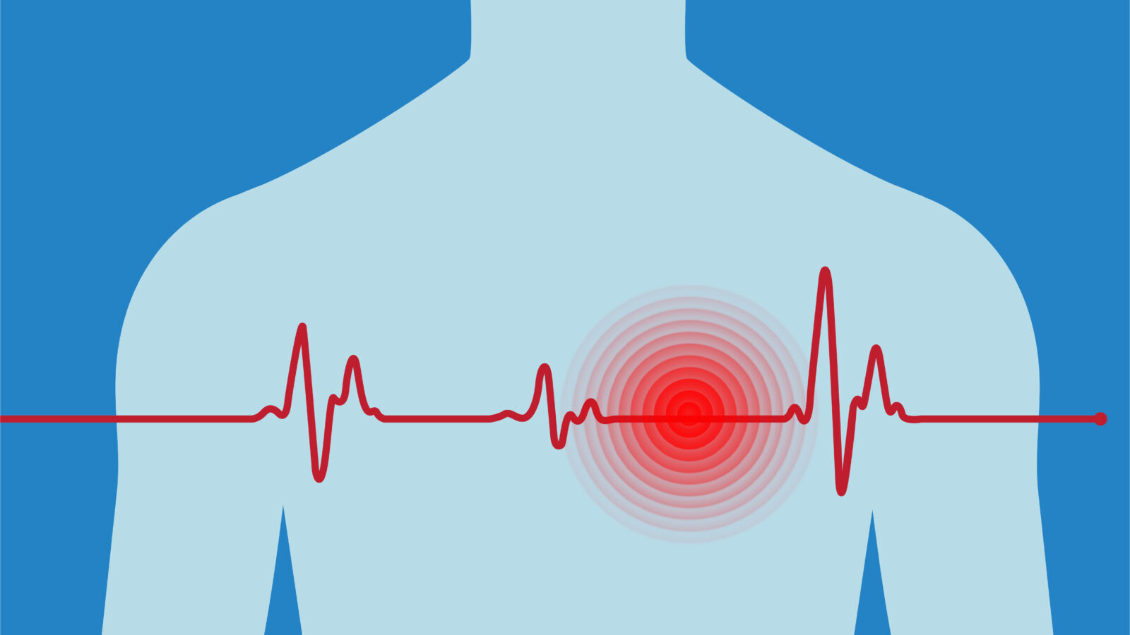 a heart beat monitor signal runs across an opaque, human chest. Red concentric circles emanate from where the heart is