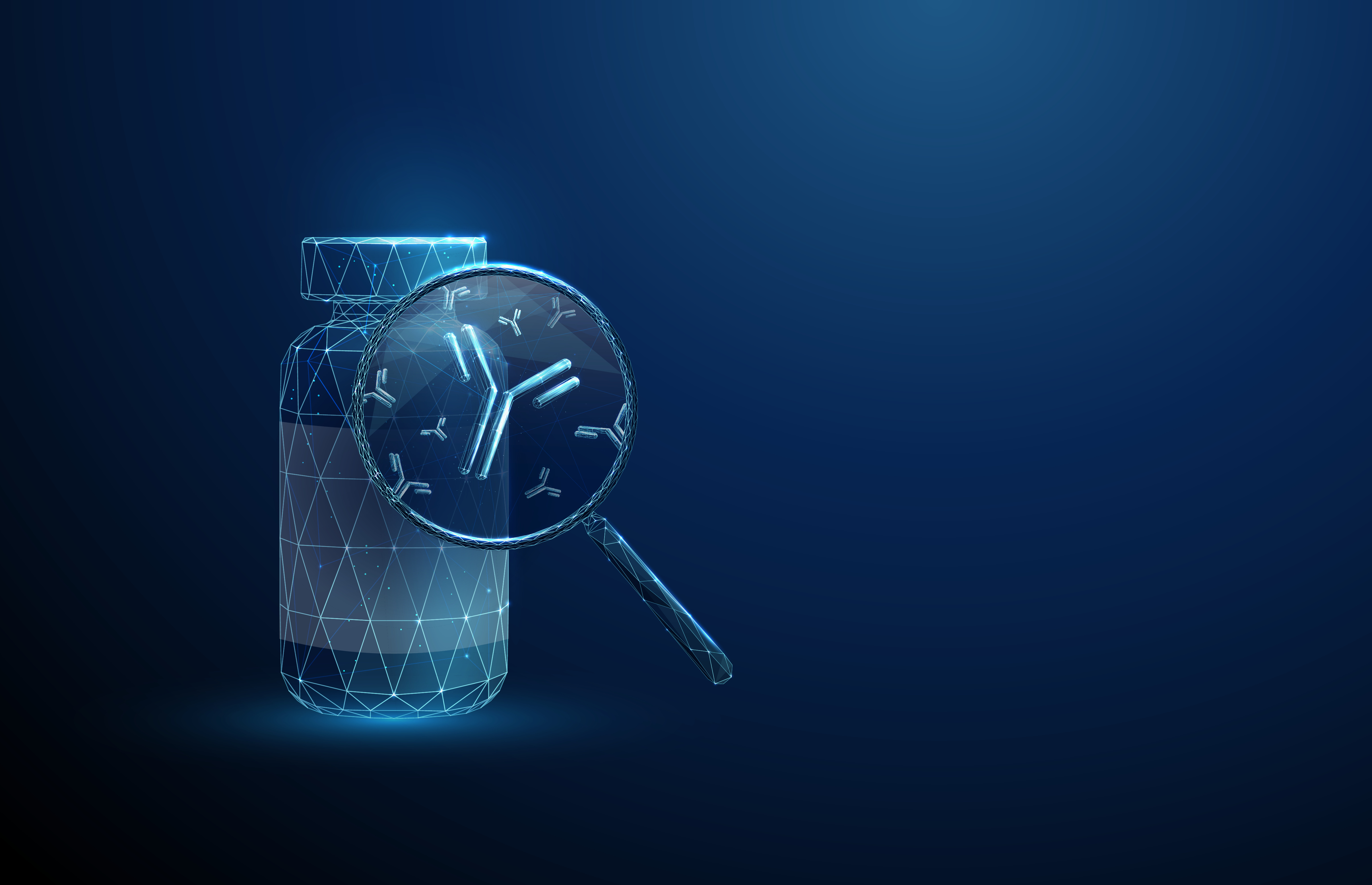3d bue medicine bottle with magnifying glass and antibodies inside. 