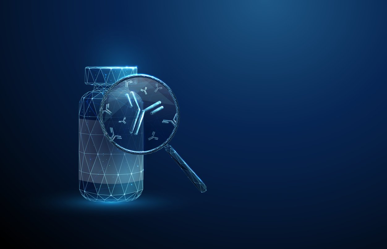 3d bue medicine bottle with magnifying glass and antibodies inside.