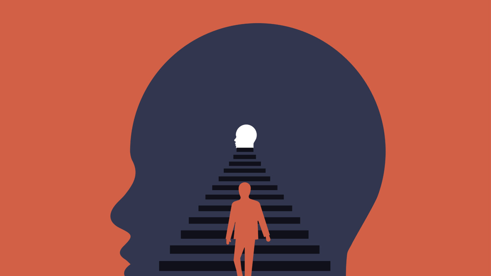 An illustration of an abstract human figure walking up steps into an abstract head/brain, leading to another head.