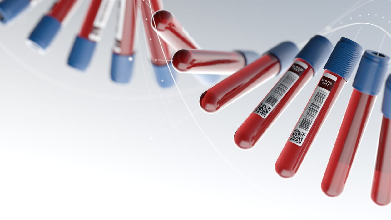 Blood vials full of blood are twirling in the air against a white background.