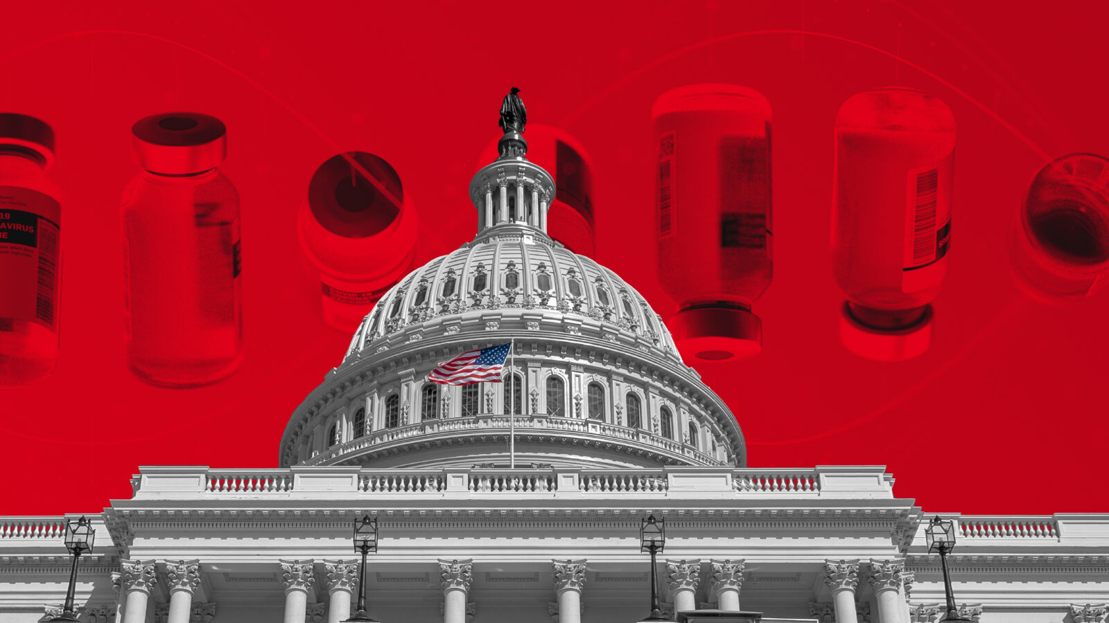 The Capitol building in front of a red background of medical vials.