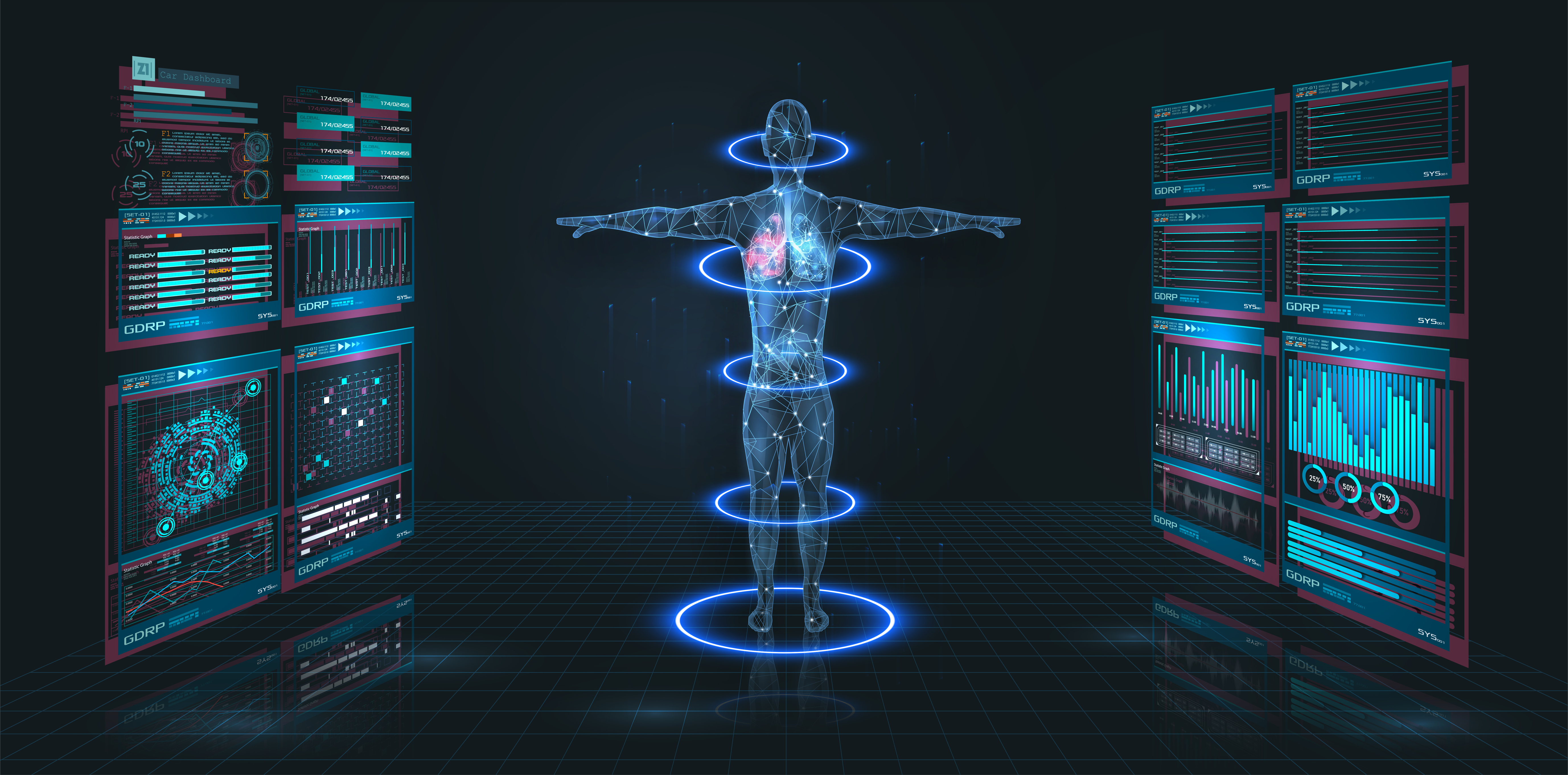 A futuristic looking "scan" of a human body, outlined in blue neon with circles surrounding the body. On either side of the body are more futuristic "screen" esque displays with data, presumably about the body. 