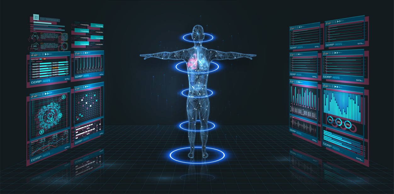 A futuristic looking "scan" of a human body, outlined in blue neon with circles surrounding the body. On either side of the body are more futuristic "screen" esque displays with data, presumably about the body.