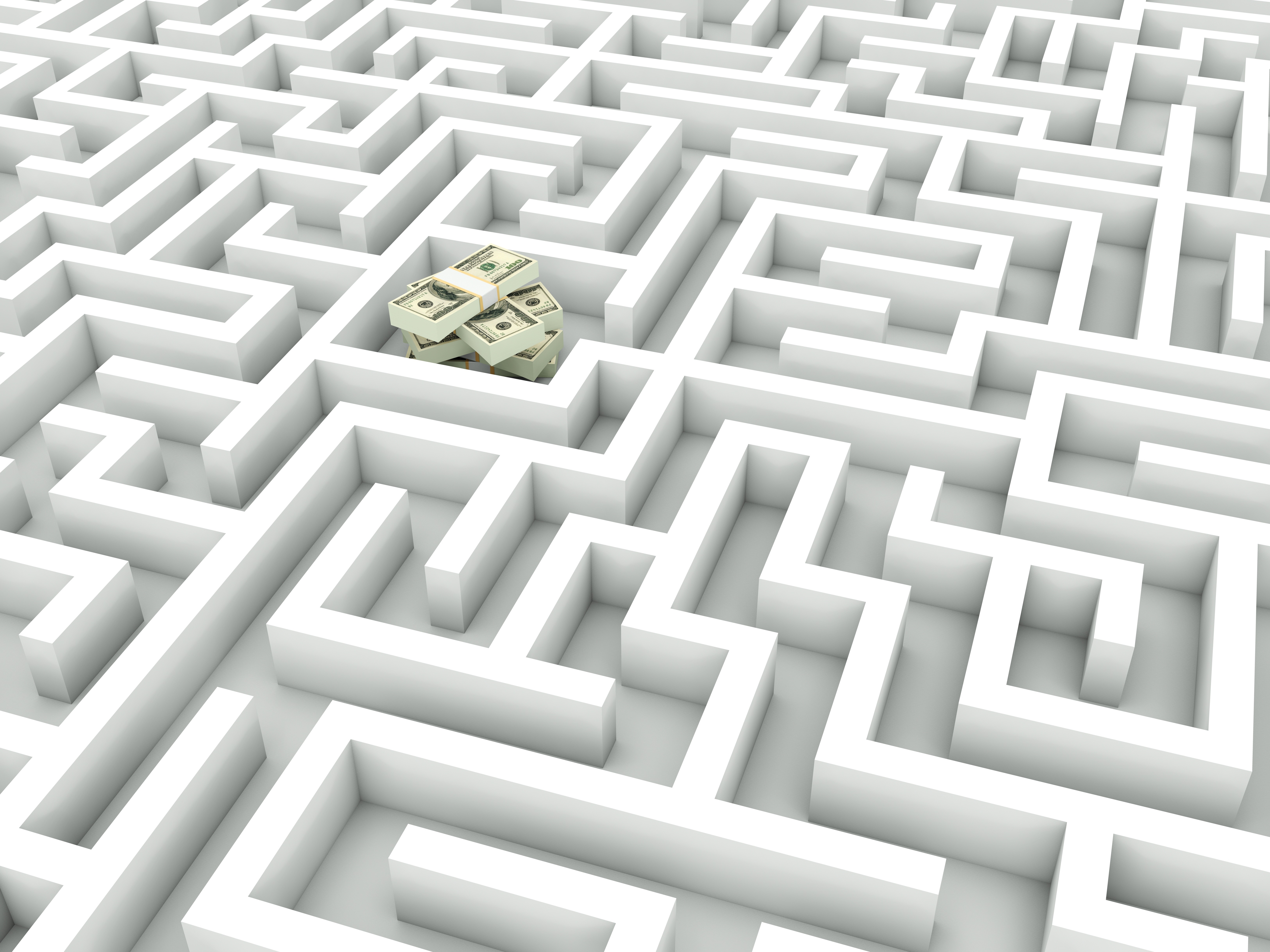 Illustration of a white maze with a pile of cash in the center