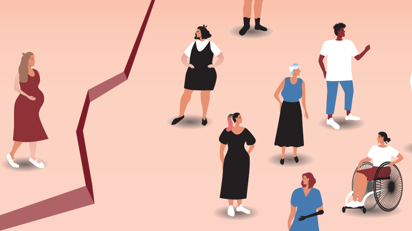 A cartoon illustration of a crack in the ground separating a pregnant woman from a bunch of other non-pregnant women.