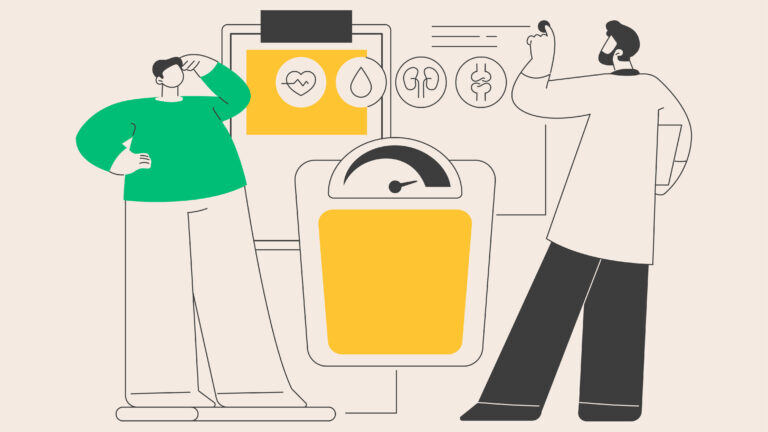 Two abstract cartoon figures stand comtemplating (one scratches their head) a big machine with a scale and other symbols representing health factors like heart rate, blood, lungs, and bones.