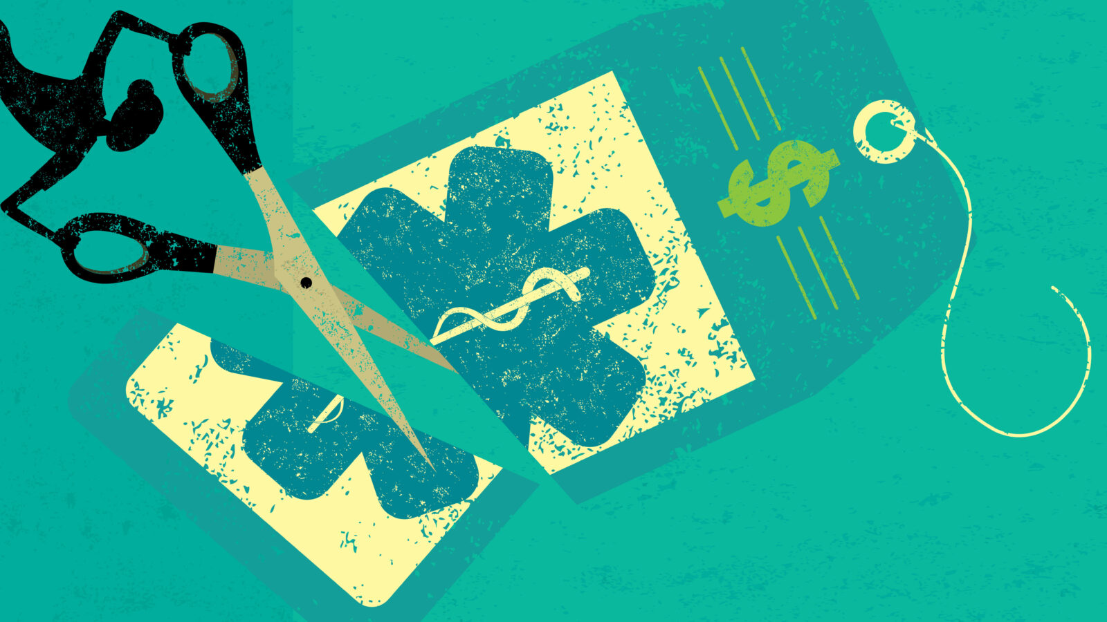 An illustration of a person with huge scissors cutting a huge price tag