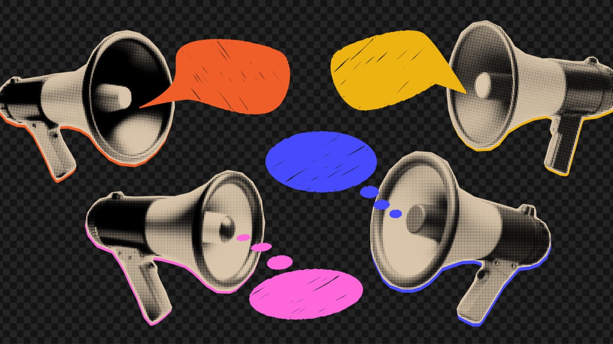 Megaphones with illustrated speech bubbles over them