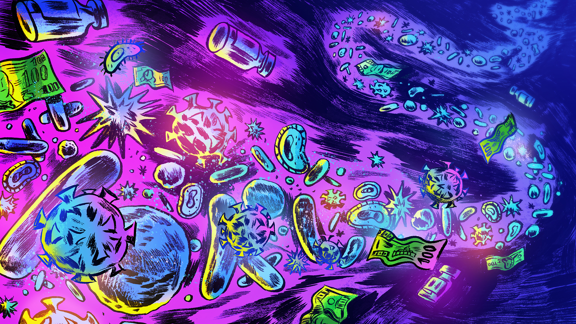 Colorful illustration of a winding current of bacteria, viruses, money, and medicine, fading into the distance