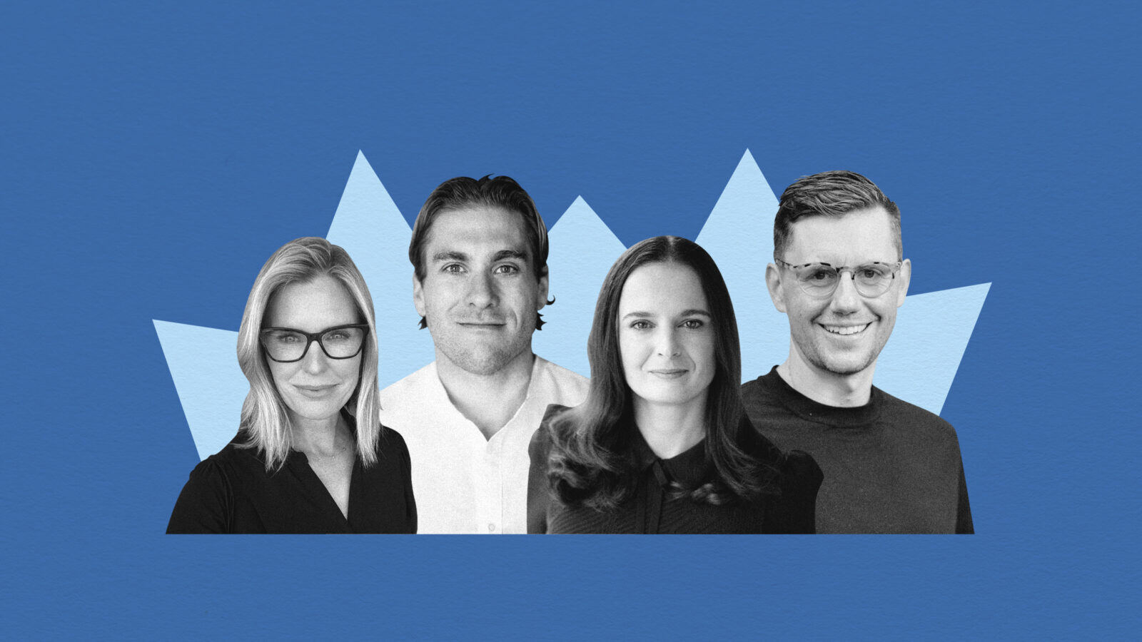 Four black and white portrait cut-outs are layered on a light blue prickly, mountain-like shape and a dark blue background