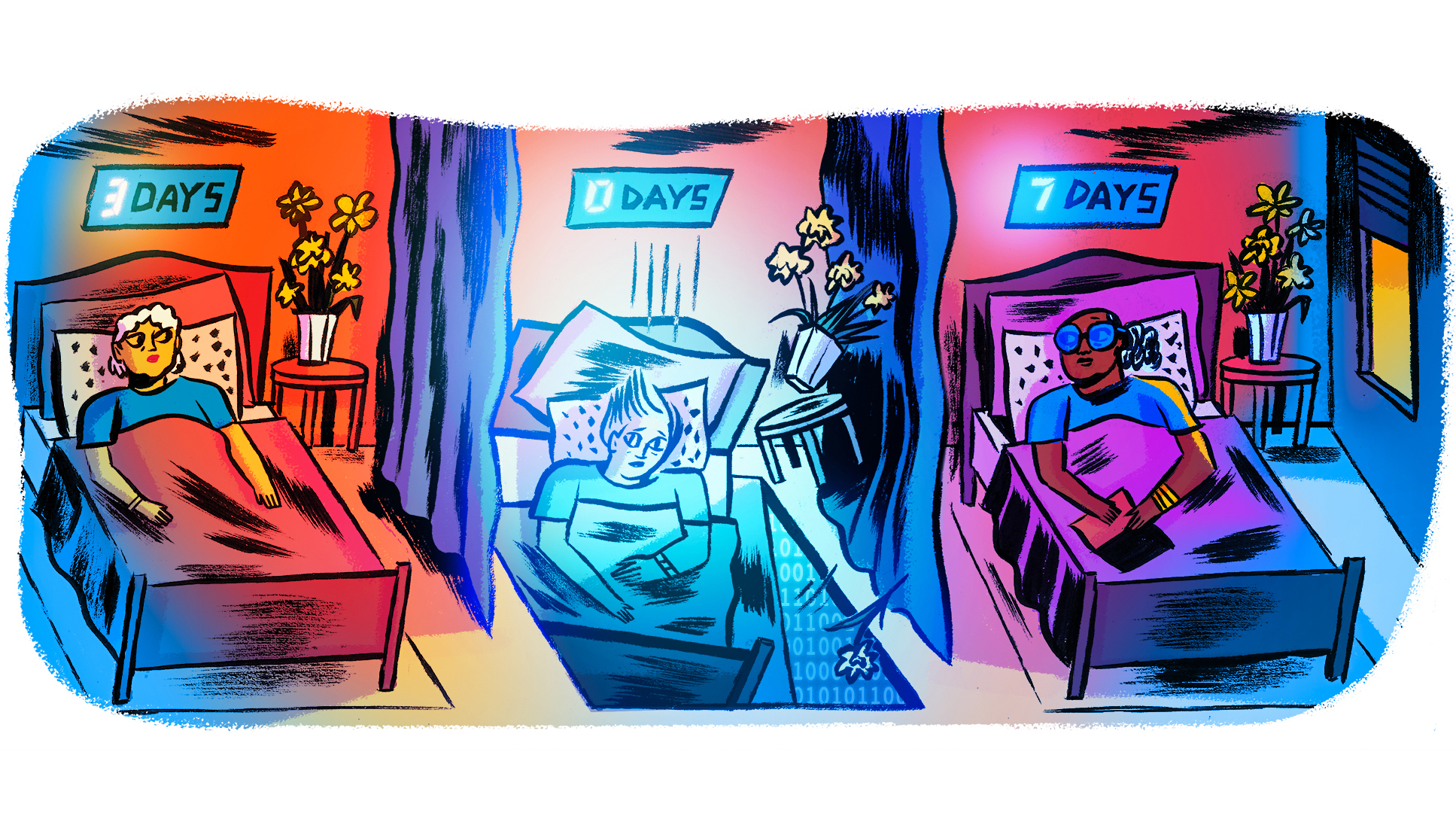A colorful illustration of patients in beds in a care facility, one patient bed is falling through the floor under a countdown clock set to zero