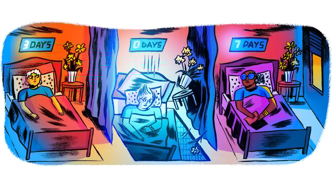 A colorful illustration of patients in beds in a care facility, one patient bed is falling through the floor under a countdown clock set to zero