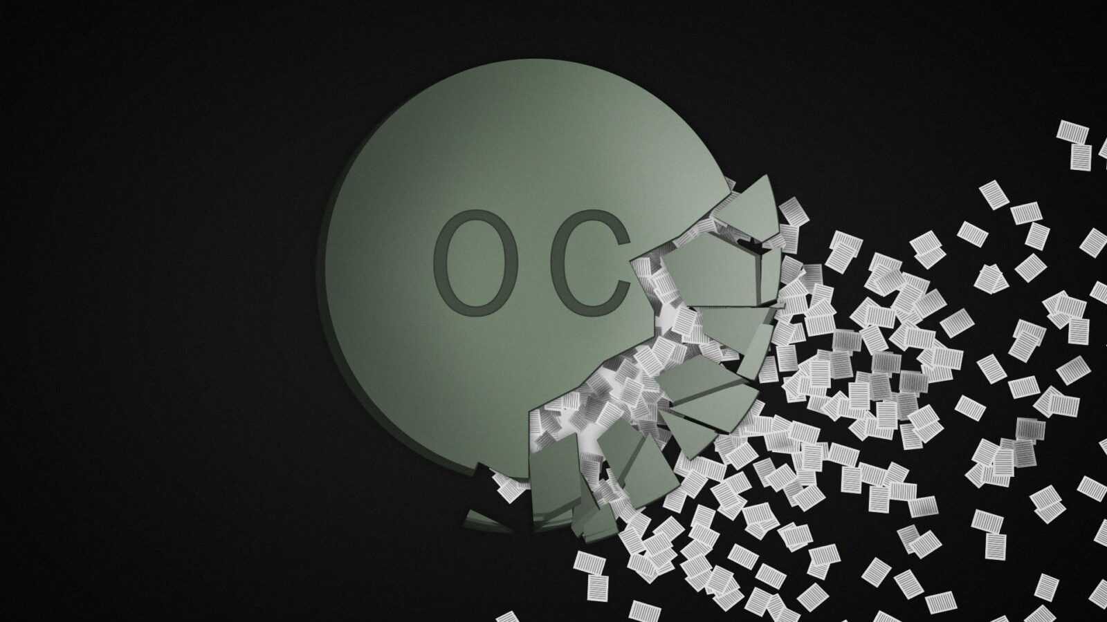 An OxyContin pill breaks apart, releasing hundreds of documents.