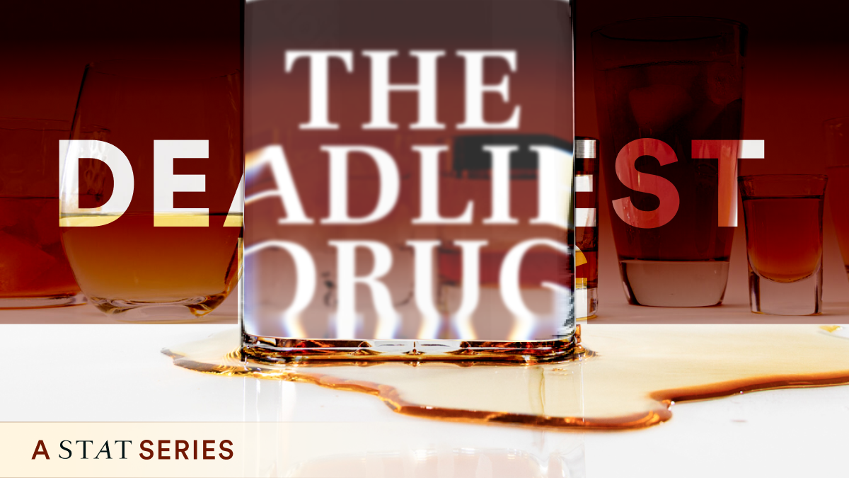 Wordmark for "The Deadliest Drug" series featuring the title obscured behind a glass, brown liquor spreading below that glass.
