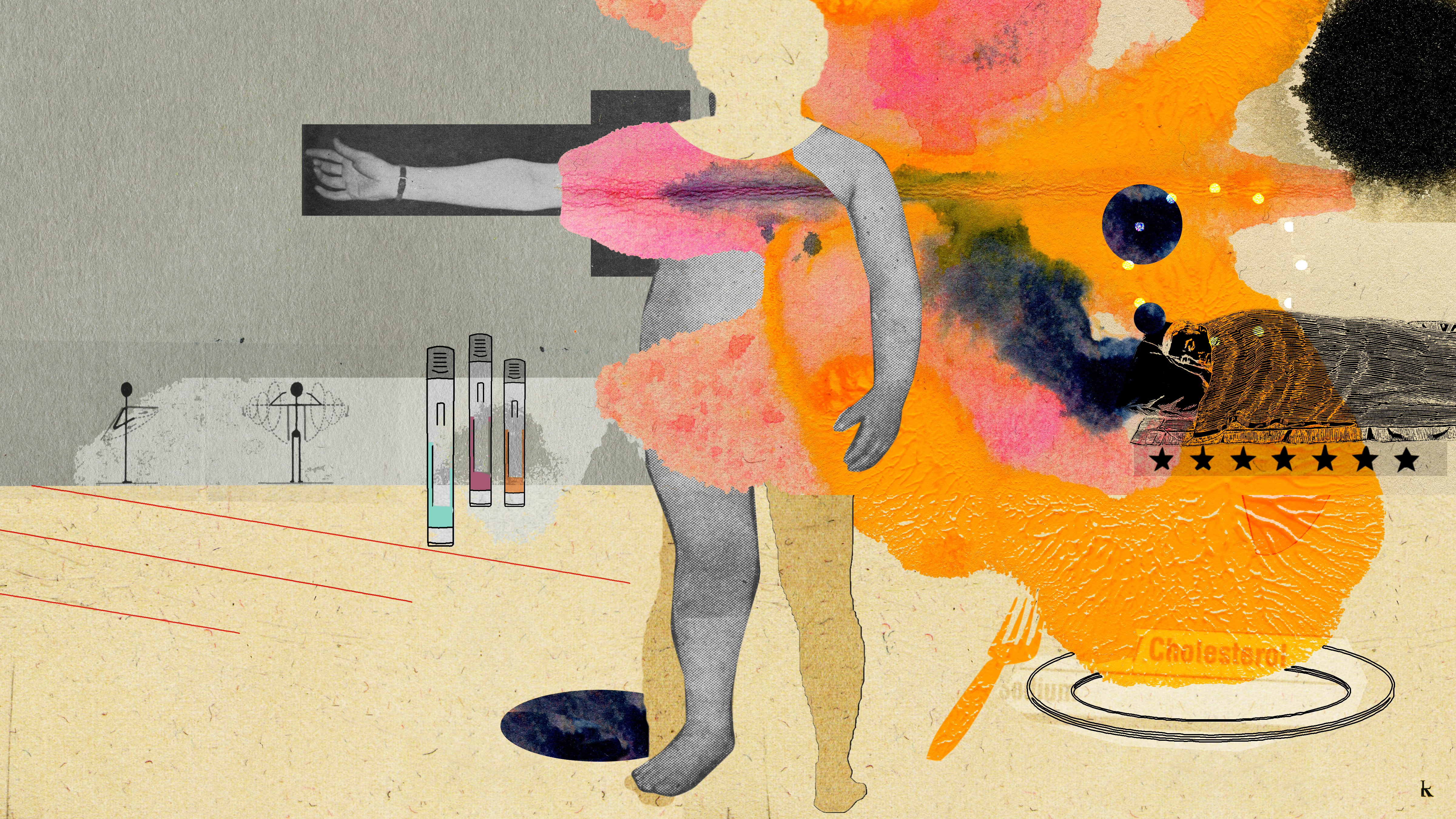 Illustration of abstract person stating center surrounded by different colors and shapes.