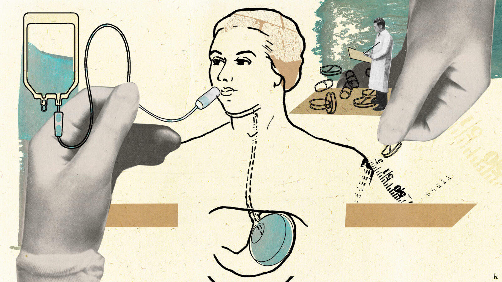A collage illustration with a patient in the center with a hand to the left administering treatment and a doctor in the background.