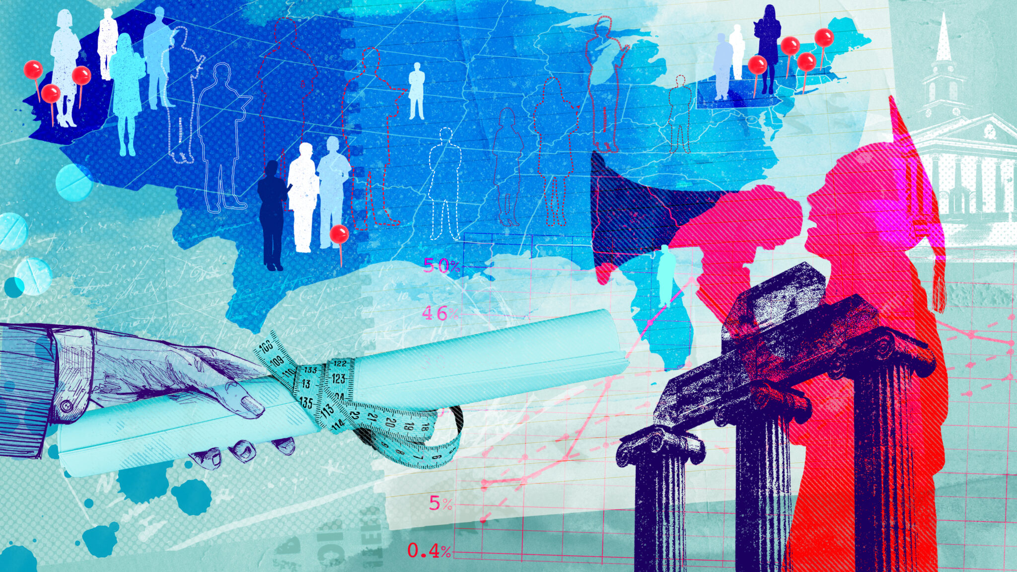A collage illustration with various elements. In the background is a map of the United States with doctors and pins on it. In the foreground is a hand hold a diploma tied with measuring tape and student holding a megaphone.