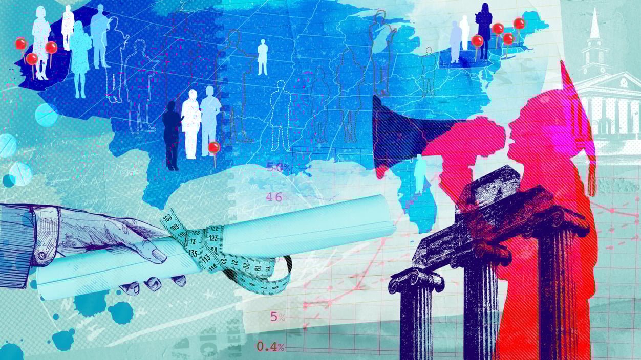A collage illustration with various elements. In the background is a map of the United States with doctors and pins on it. In the foreground is a hand hold a diploma tied with measuring tape and student holding a megaphone.