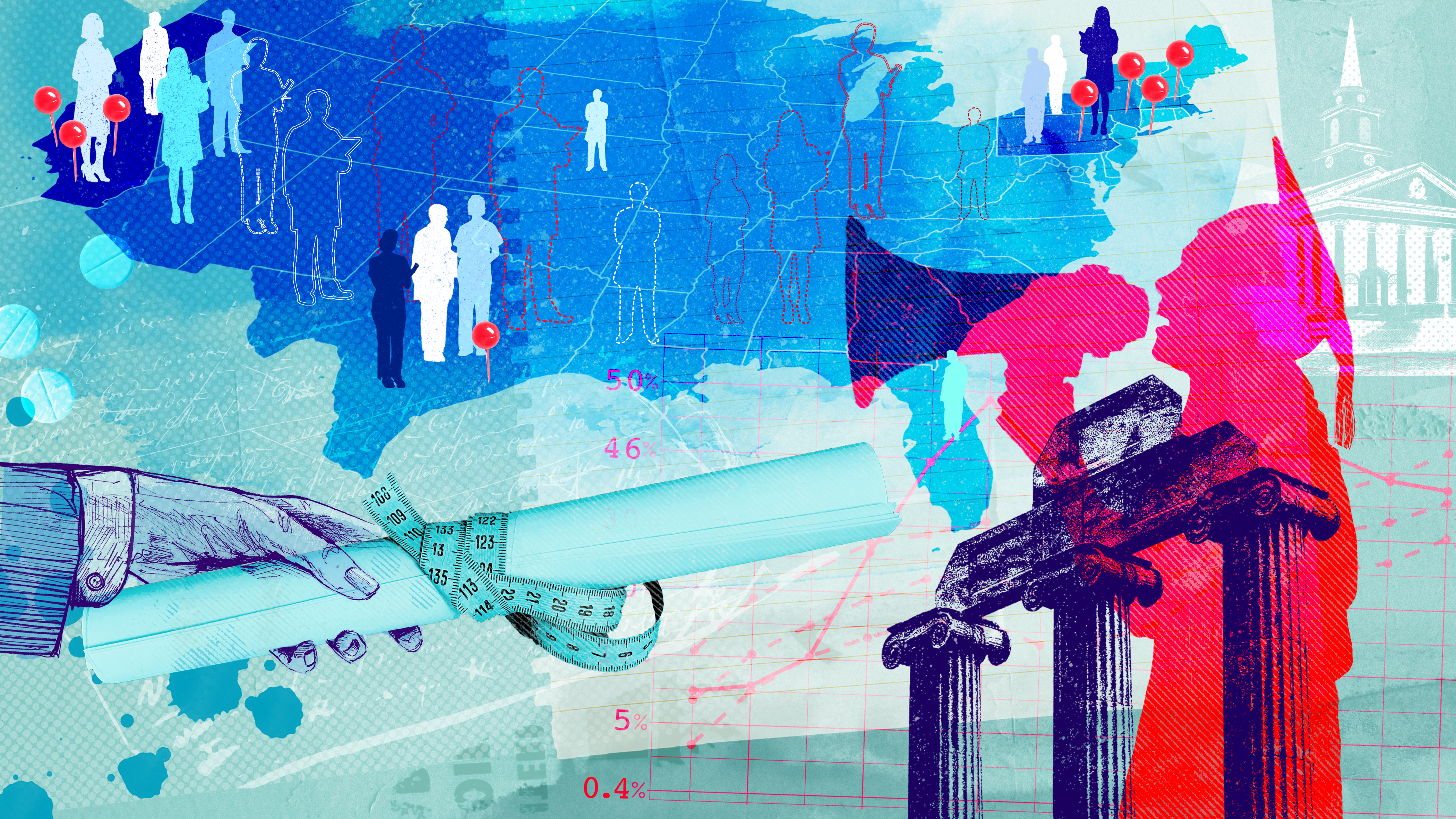 A collage illustration with various elements. In the background is a map of the United States with doctors and pins on it. In the foreground is a hand hold a diploma tied with measuring tape and student holding a megaphone.