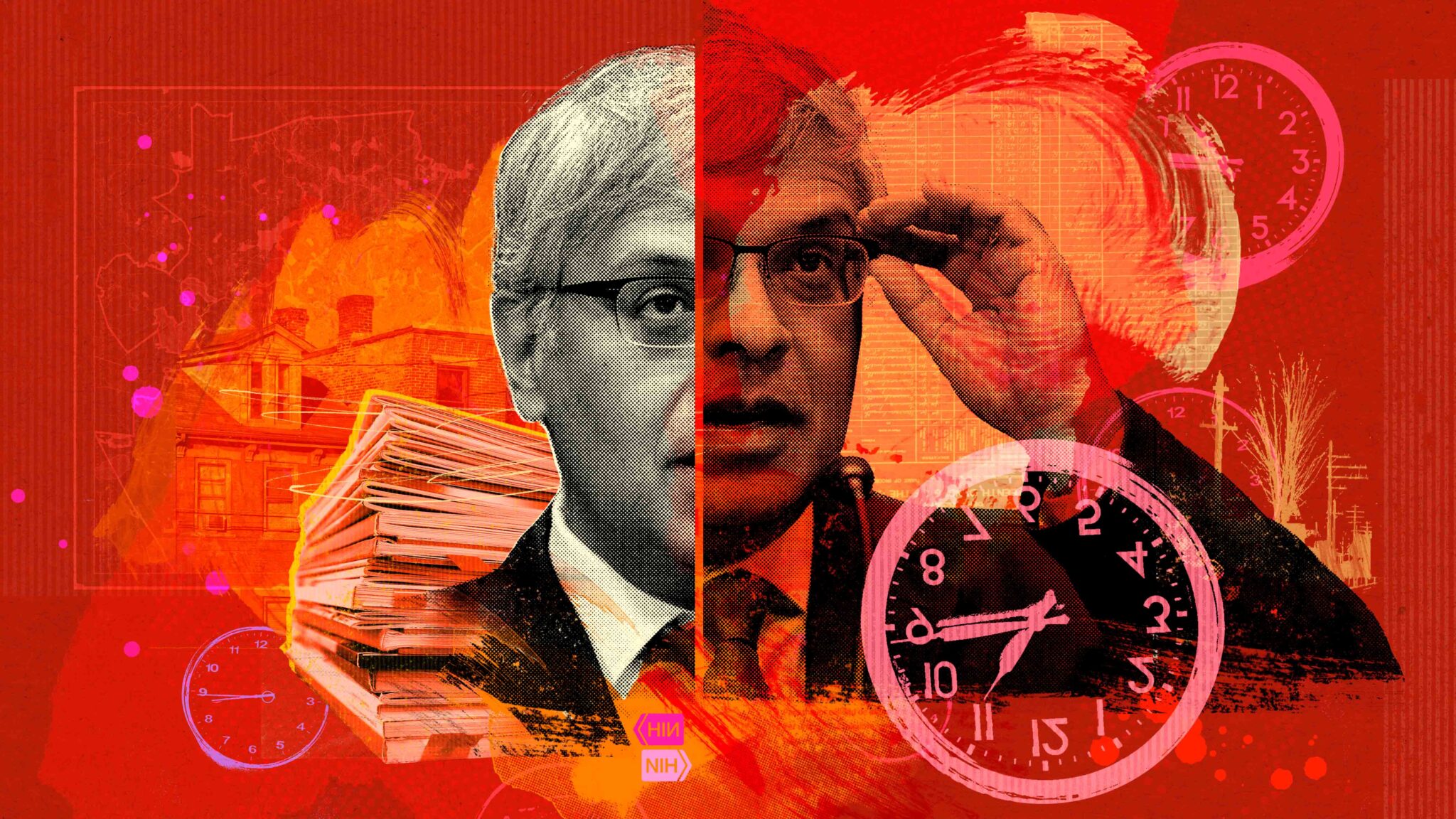 An illustration of NIH Director Jay Bhattacharya on a red background and surrounded by a clock and a stack of papers, with a line cutting down the center of his face