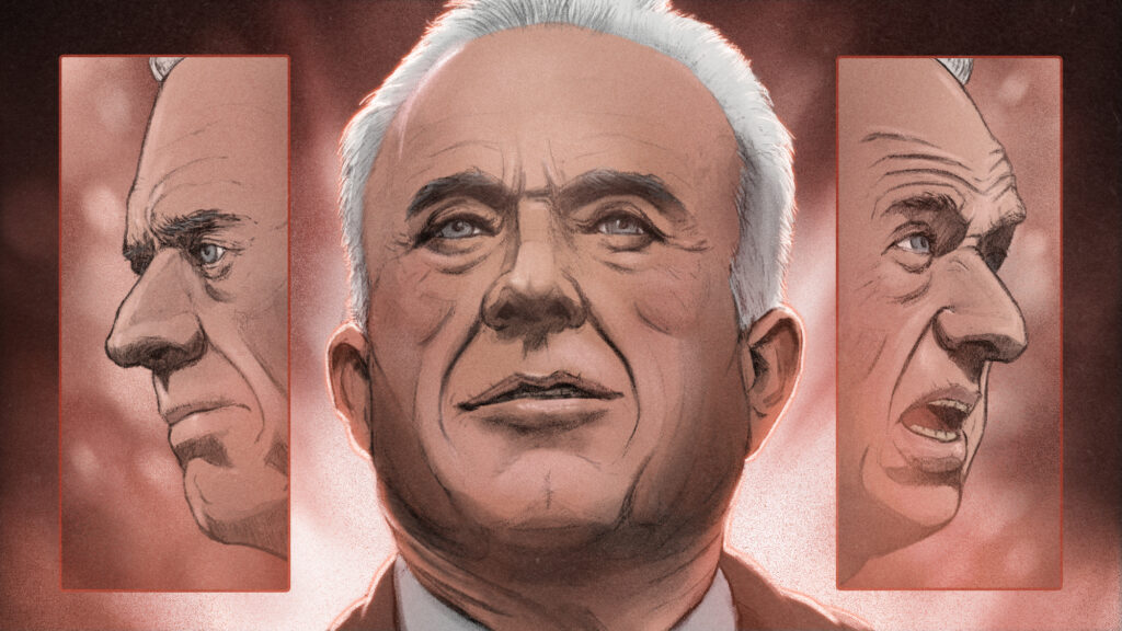 A red/pink hued illustration of Kennedy, centered. On either side of him are a framed red panel, with a different angle of his face looking outward. He looks stern on the left, almost smiling in the middle, and yelling on the right. 