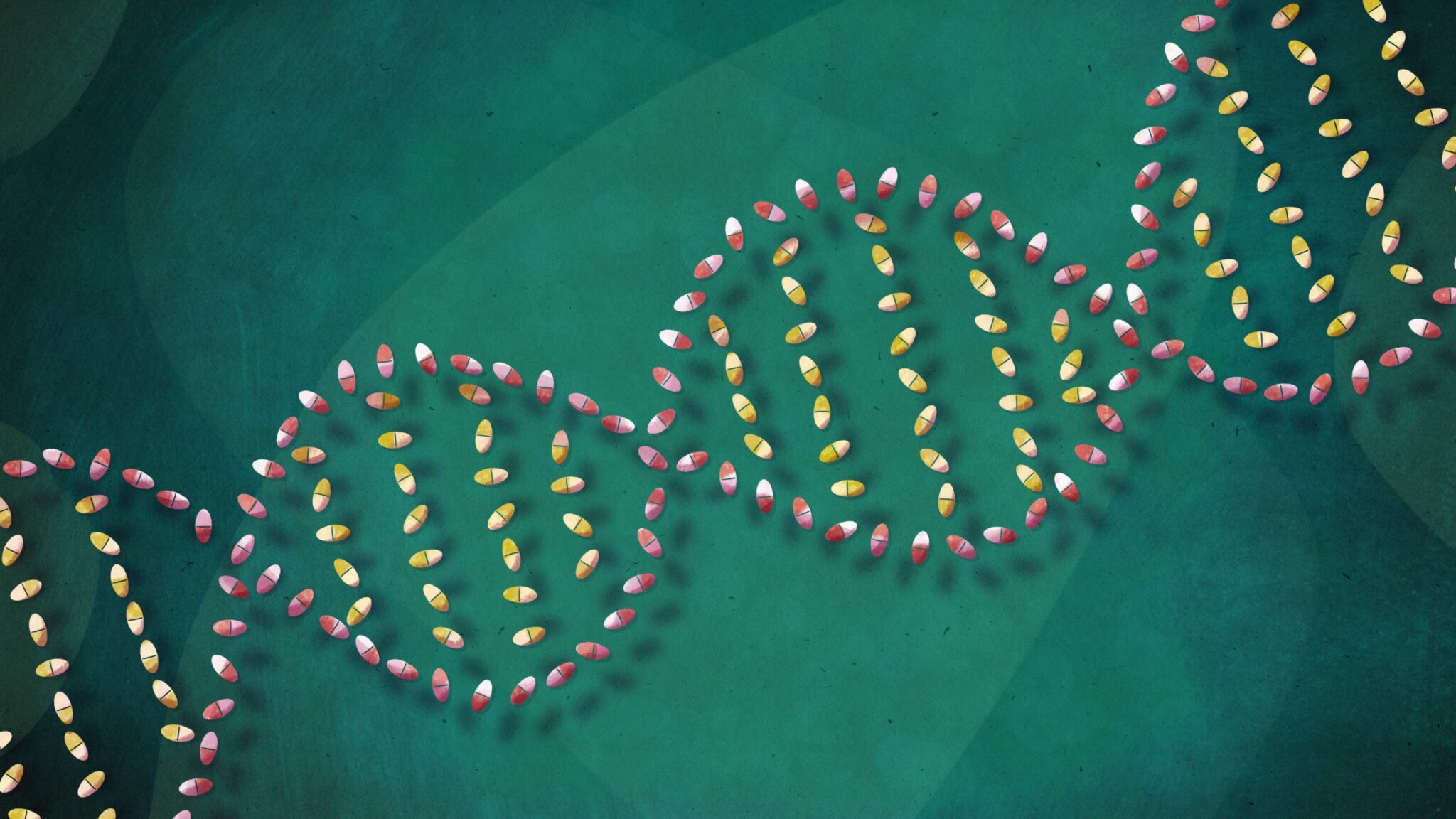 DNA strand illustrated with yellow and red pills against a green background.