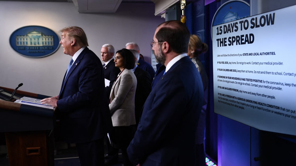 Viewed from the side, President Donald Trump speaking at a press briefing on the coronavirus on March 16, 2020.