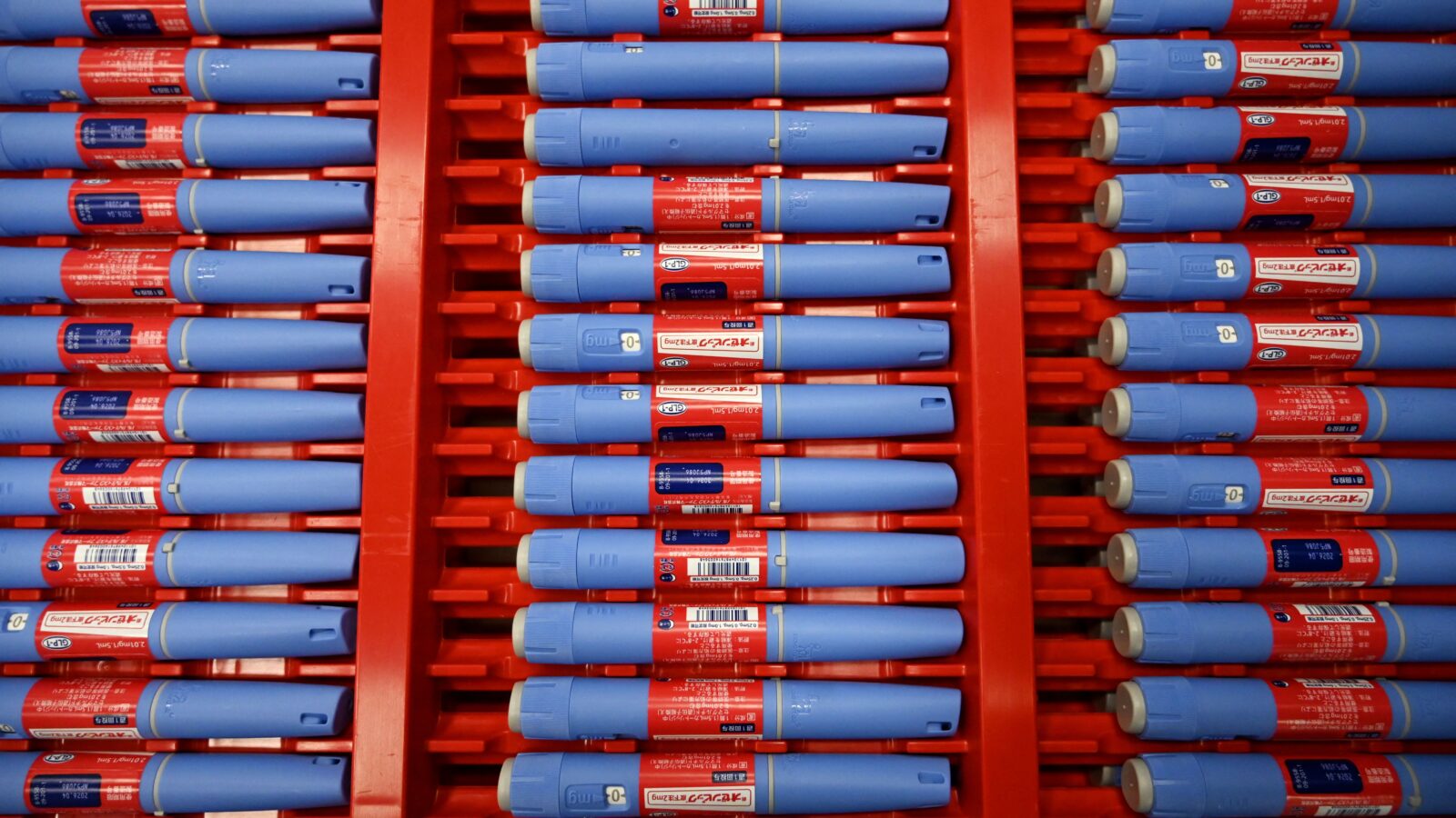 Rows of red-and-blue injectables containing weight loss drugs