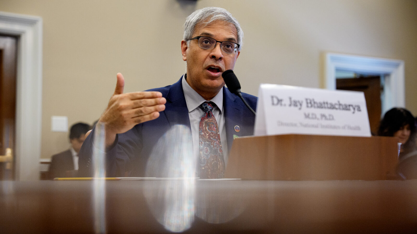 NIH Director Jay Bhattacharya Bhattacharya speaks Tuesday during a House Appropriations subcommittee hearing in the Rayburn House Office Building in Washington. He sits behind a desk, his hand slightly raised while he speaks.