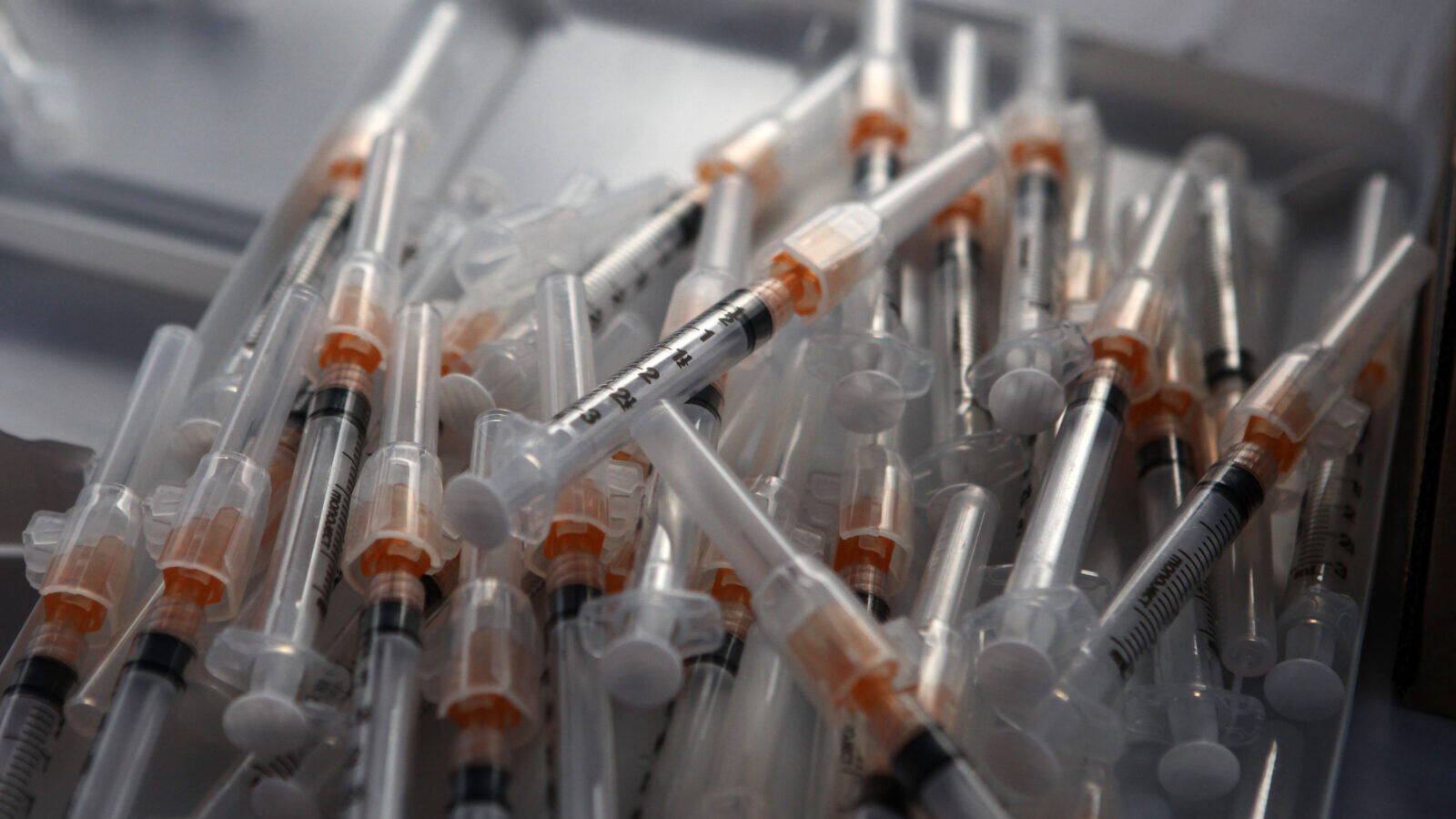 Syringes filled with H1N1 vaccine sit on a tray.