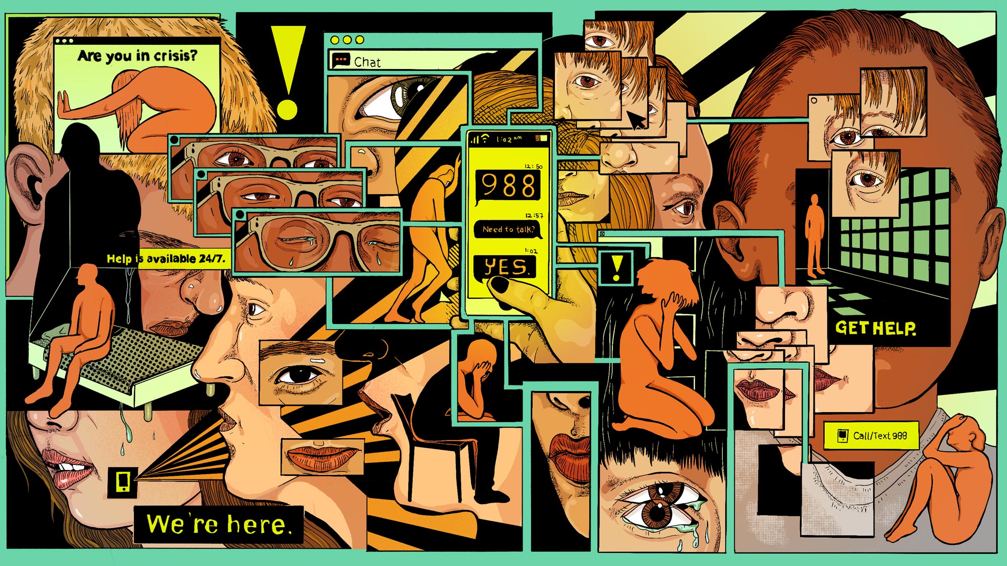 Illustration of various facial features displayed in boxes with the a 988 text conversation featured in the center