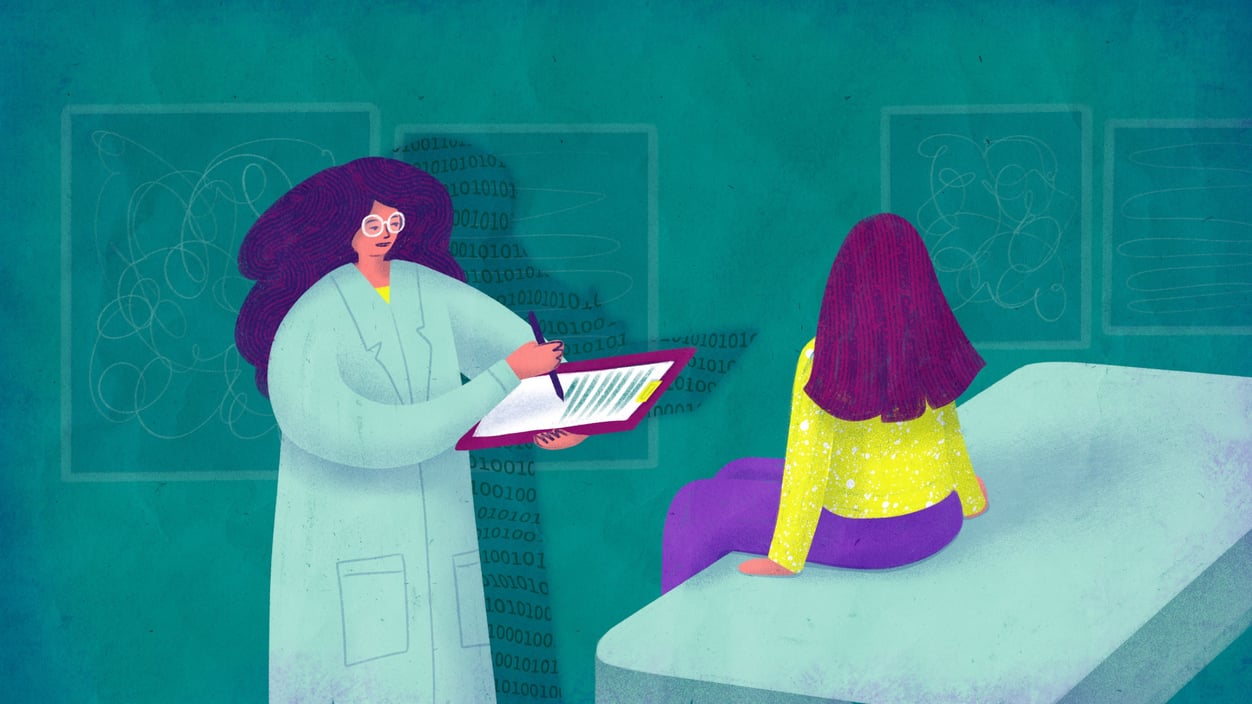 Illustration of a doctor and patient. The shadow behind the doctor displays 0s and 1s for artificial intelligence.