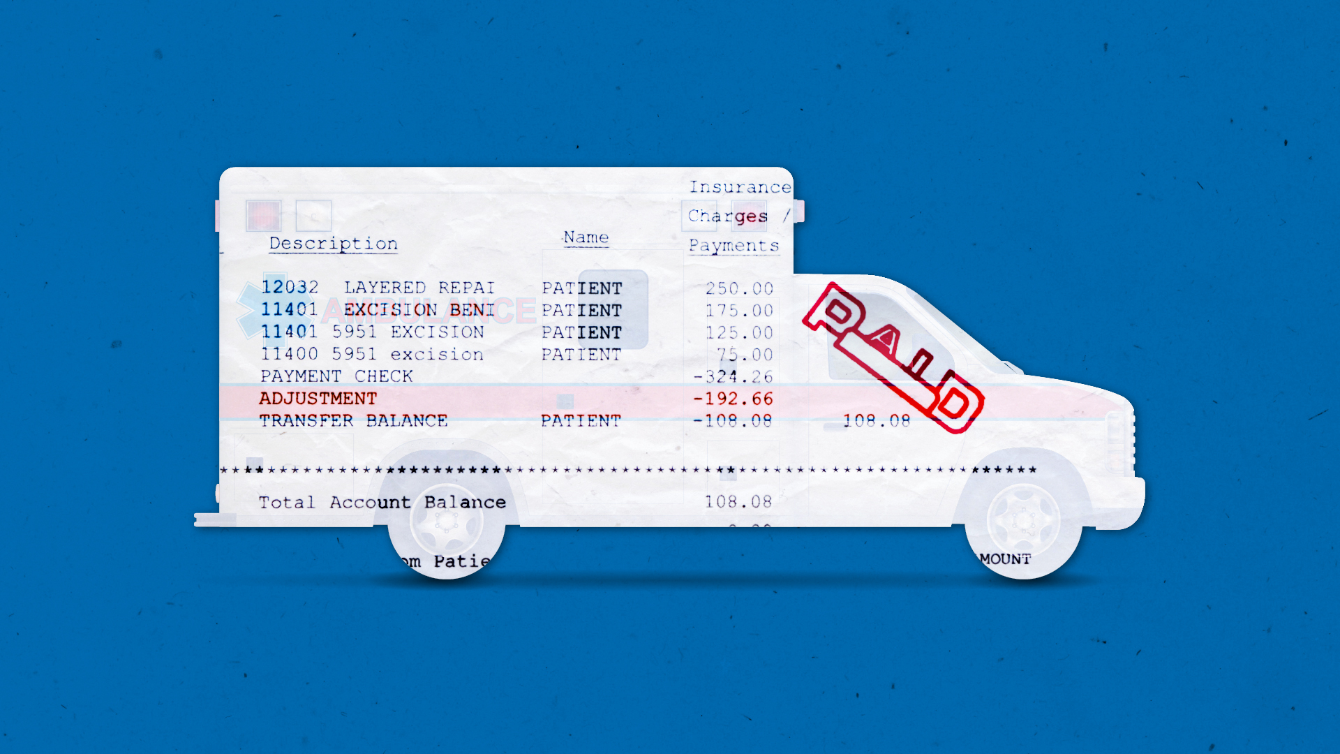 Illustration of a medical bill covering the side of an ambulance