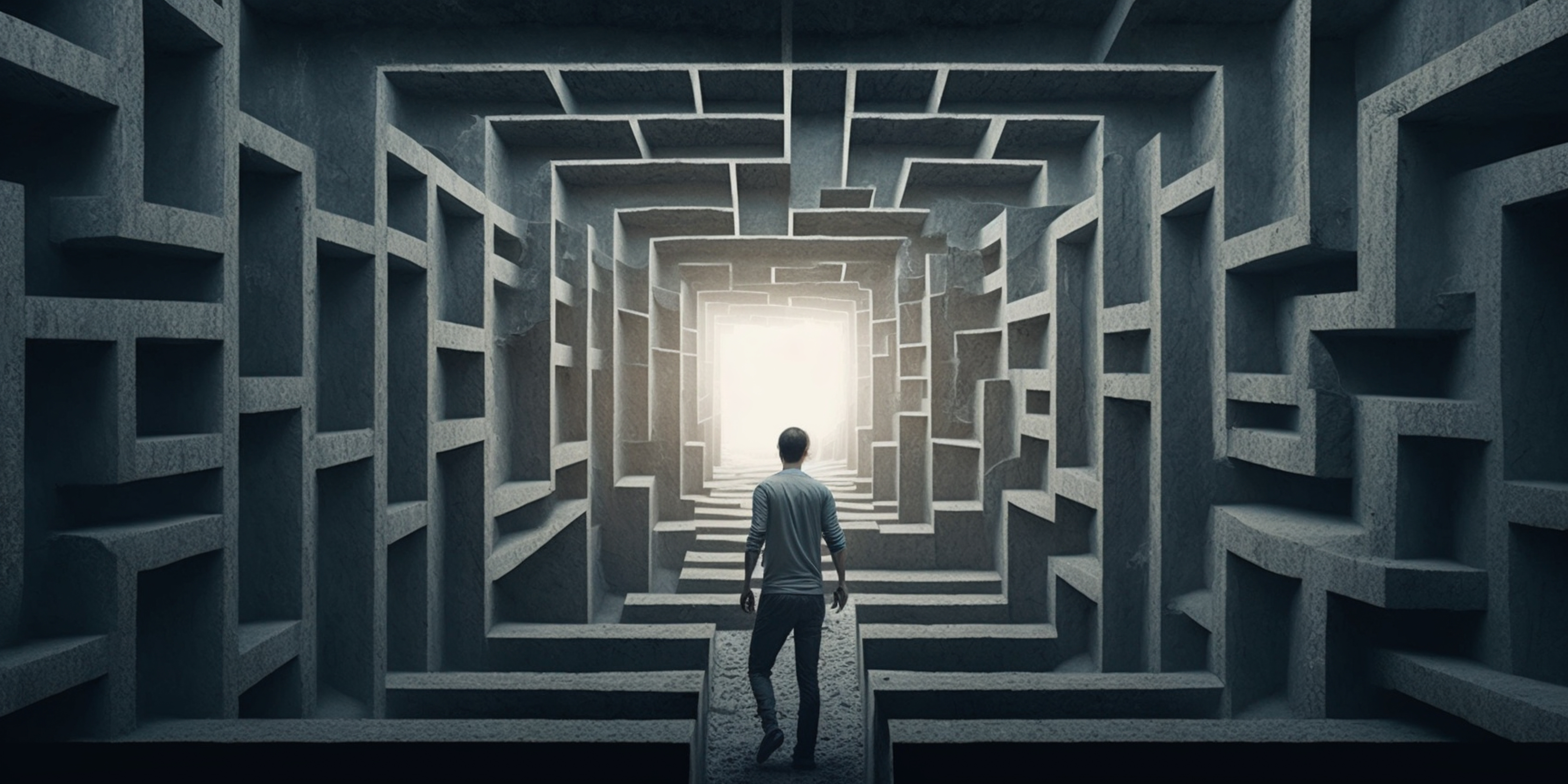 Illustration of a person walking through a dark maze toward light.
