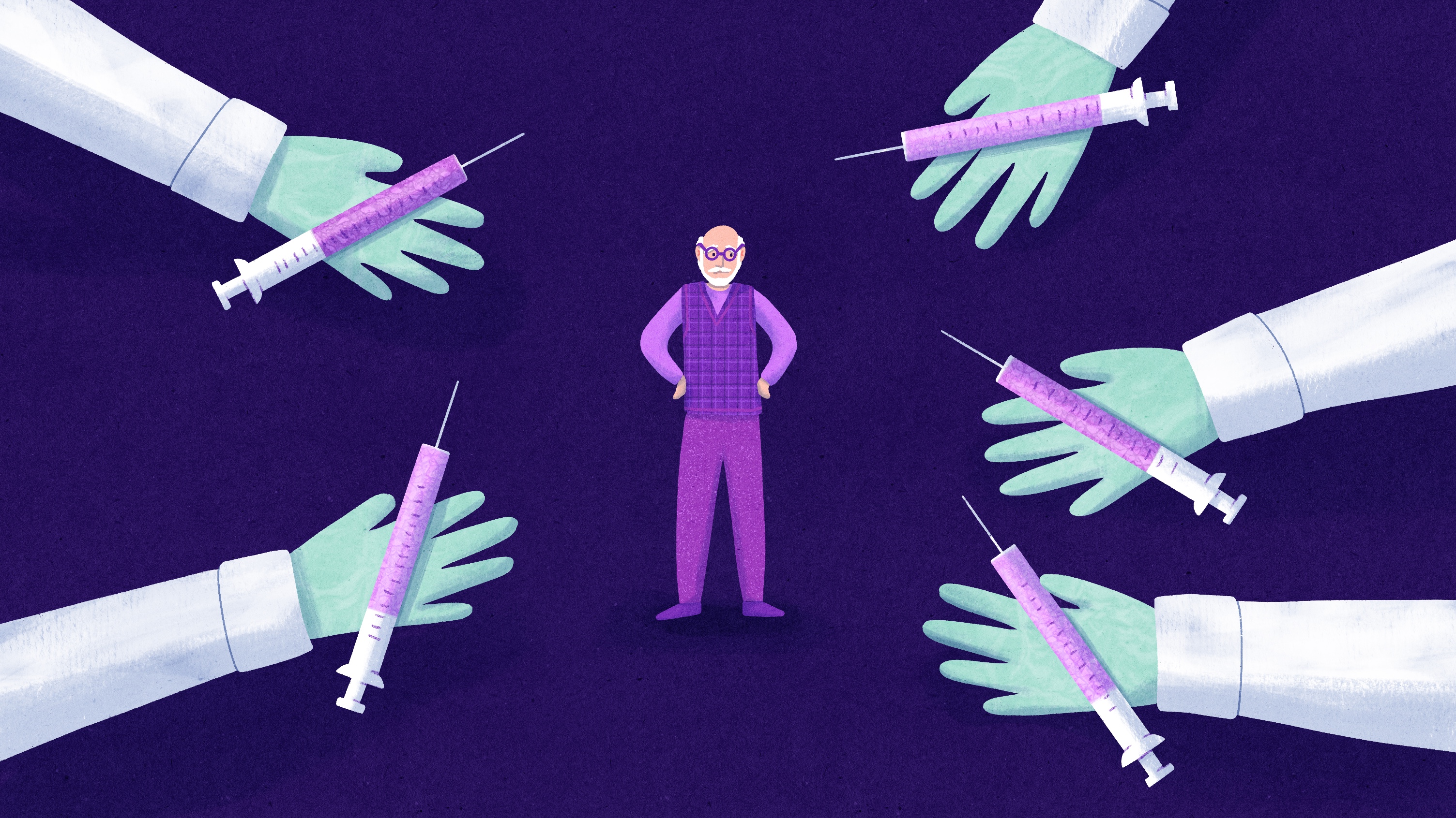 An illustration of five doctors' hands holding vaccine syringes around an older man in the center.