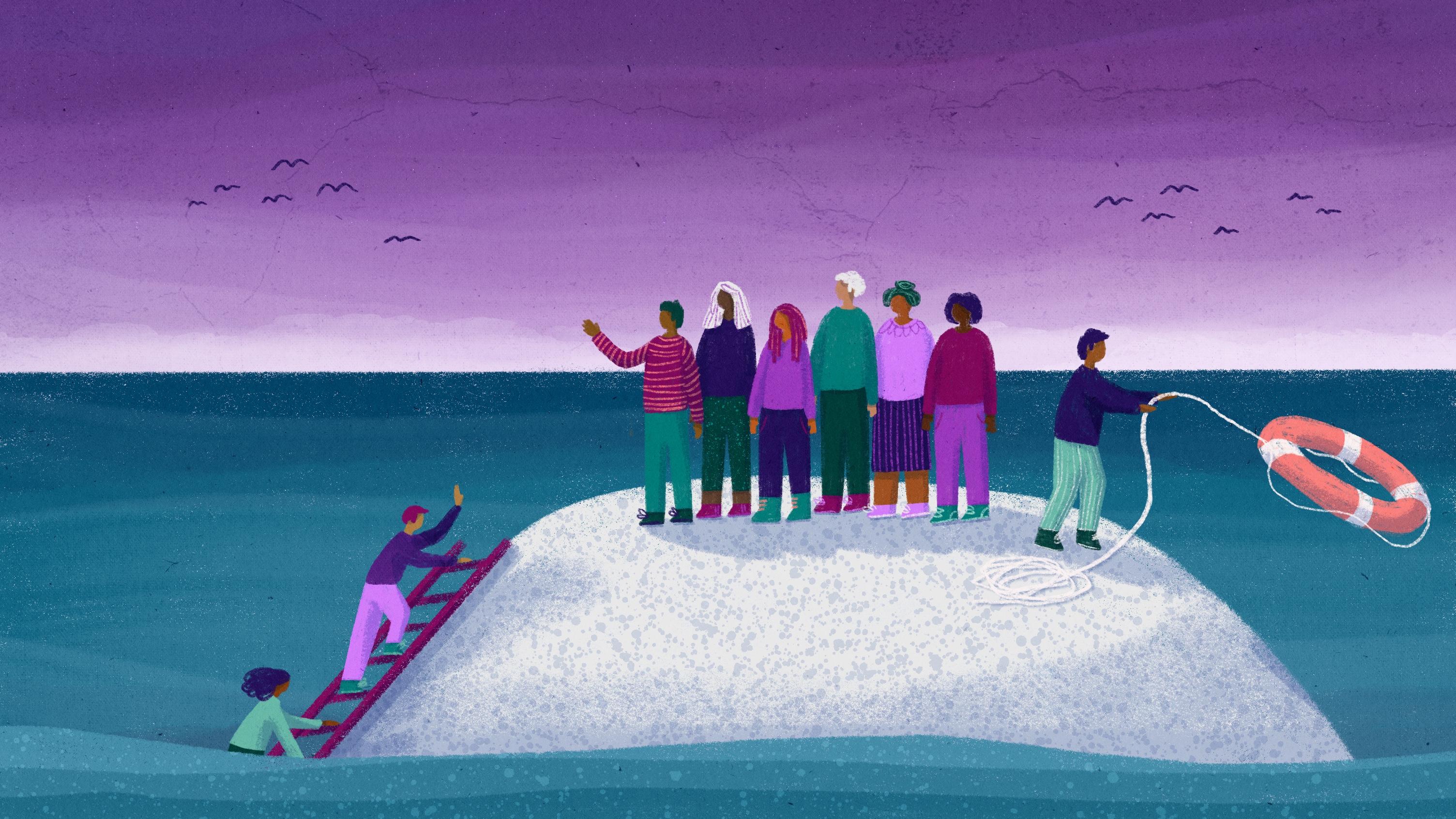 illustration of people on a small island in the ocean helping the few left in the water on to land