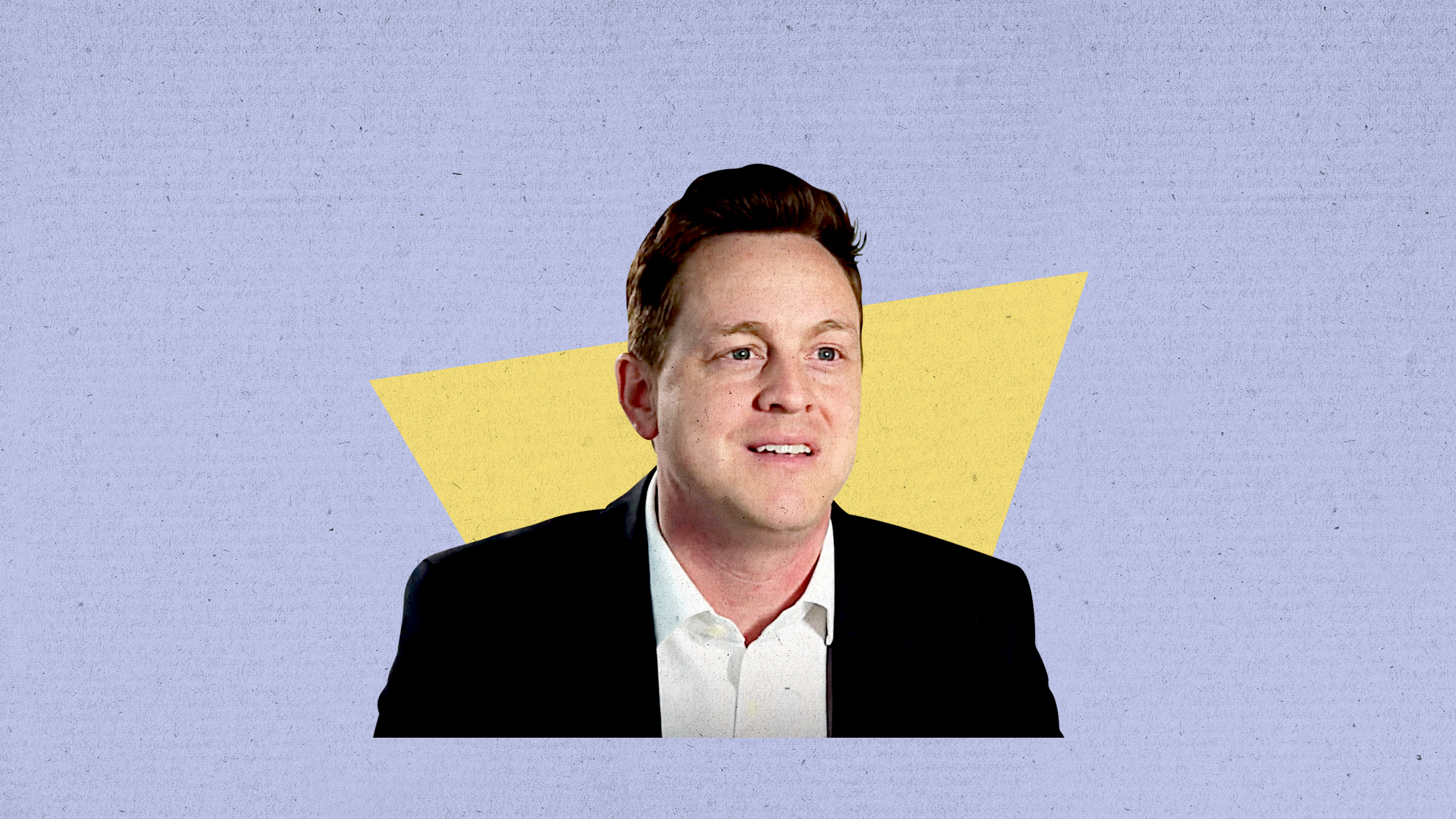 On a pastel purple background, a cutout of Chris Klomp looking to the right is layered on a yellow inverted trapezoid