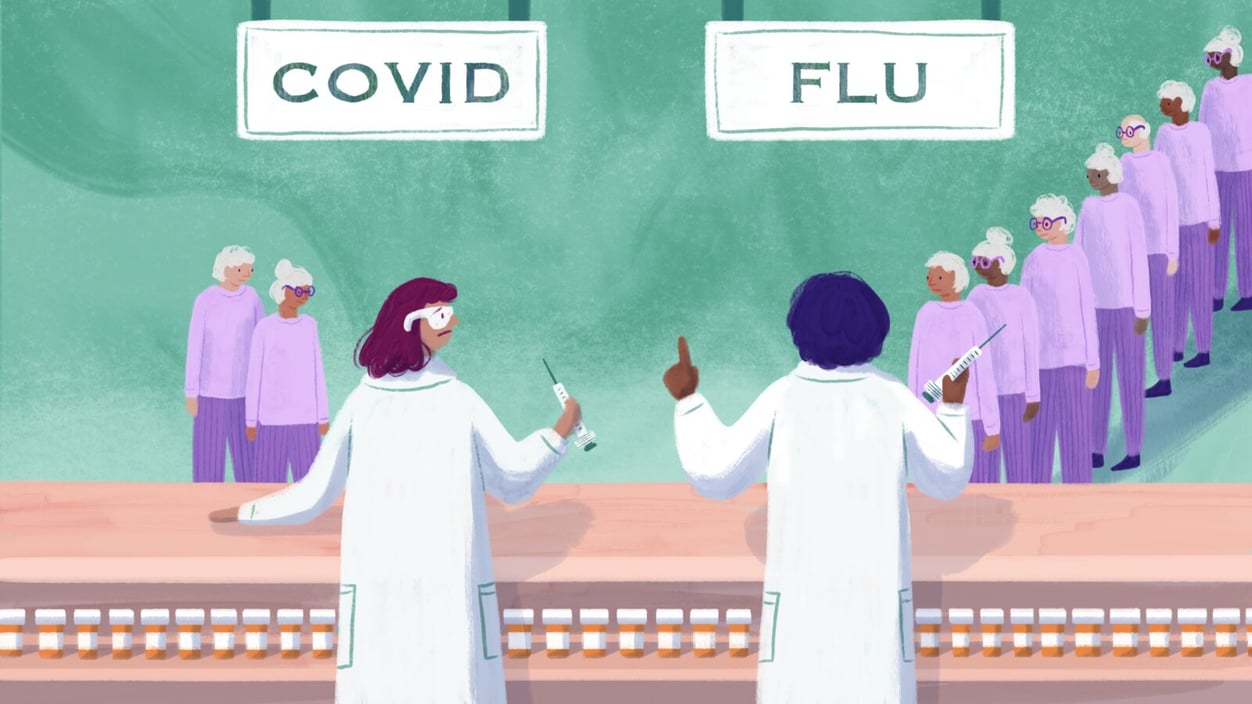 People standing in two different lines -- one being a covid vaccine line and other a flu vaccine line. The flu vaccine line being much longer.