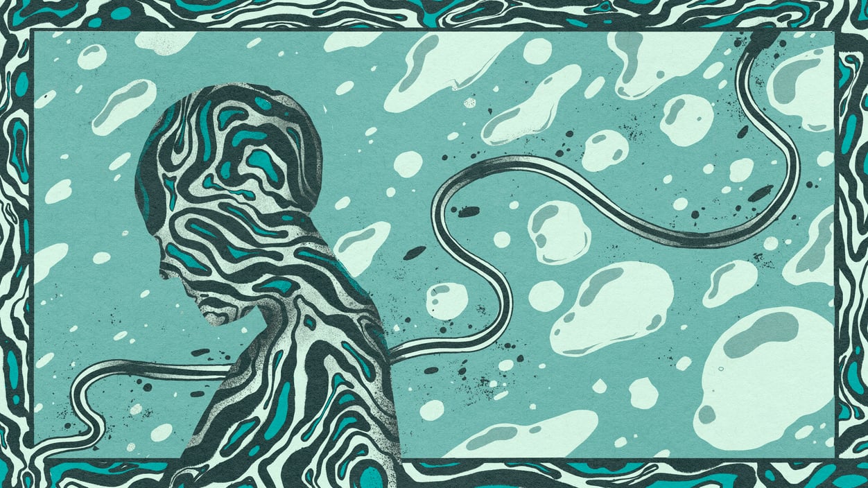 Abstract illustration of a human figure in green and grey
