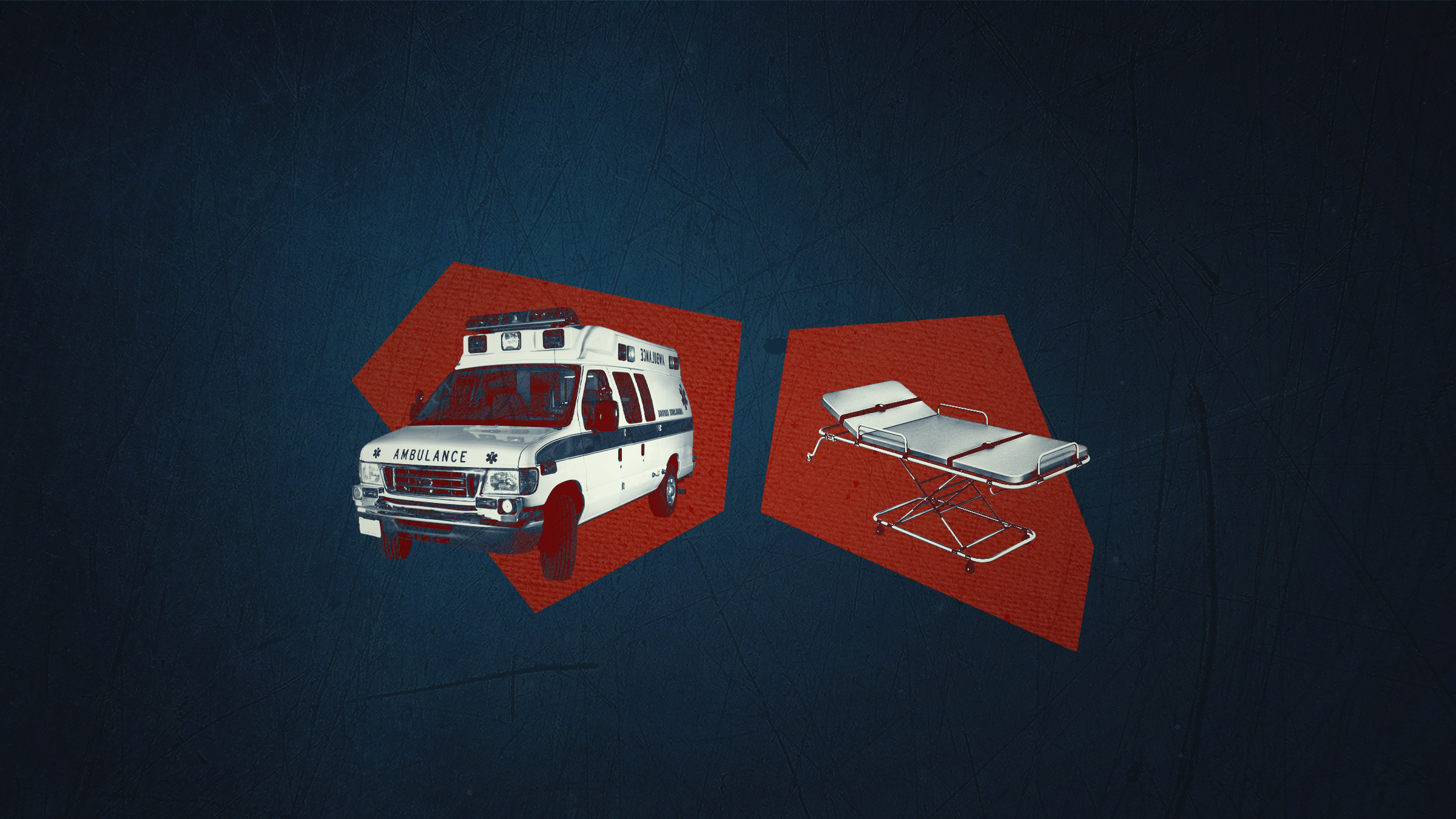 an ambulance on the left and an empty stretch on the right, both on red pentagons and dark blue background