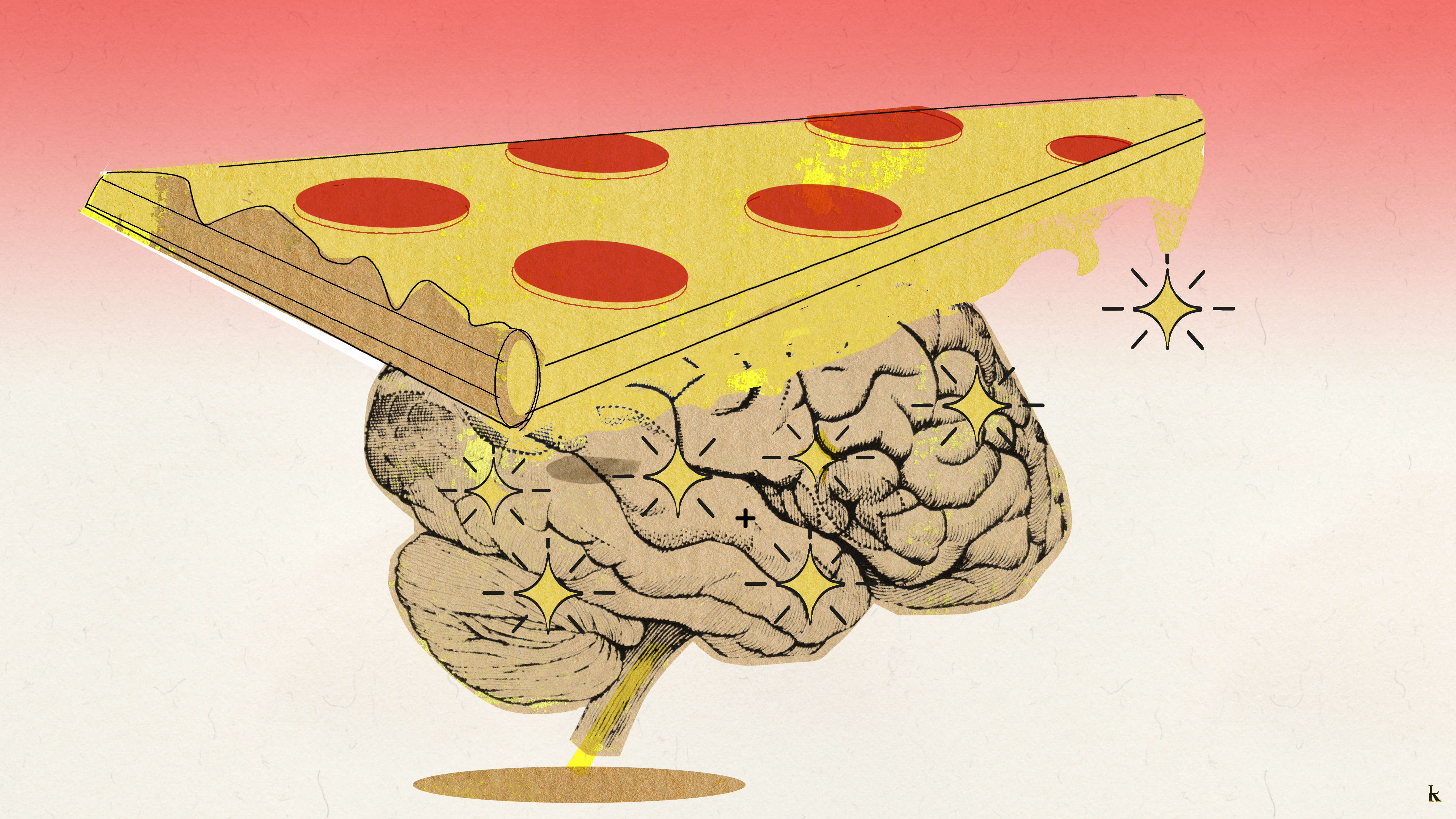 Illustration of a slice of pizza dropping cheese over a brain that is lit up with sparkles