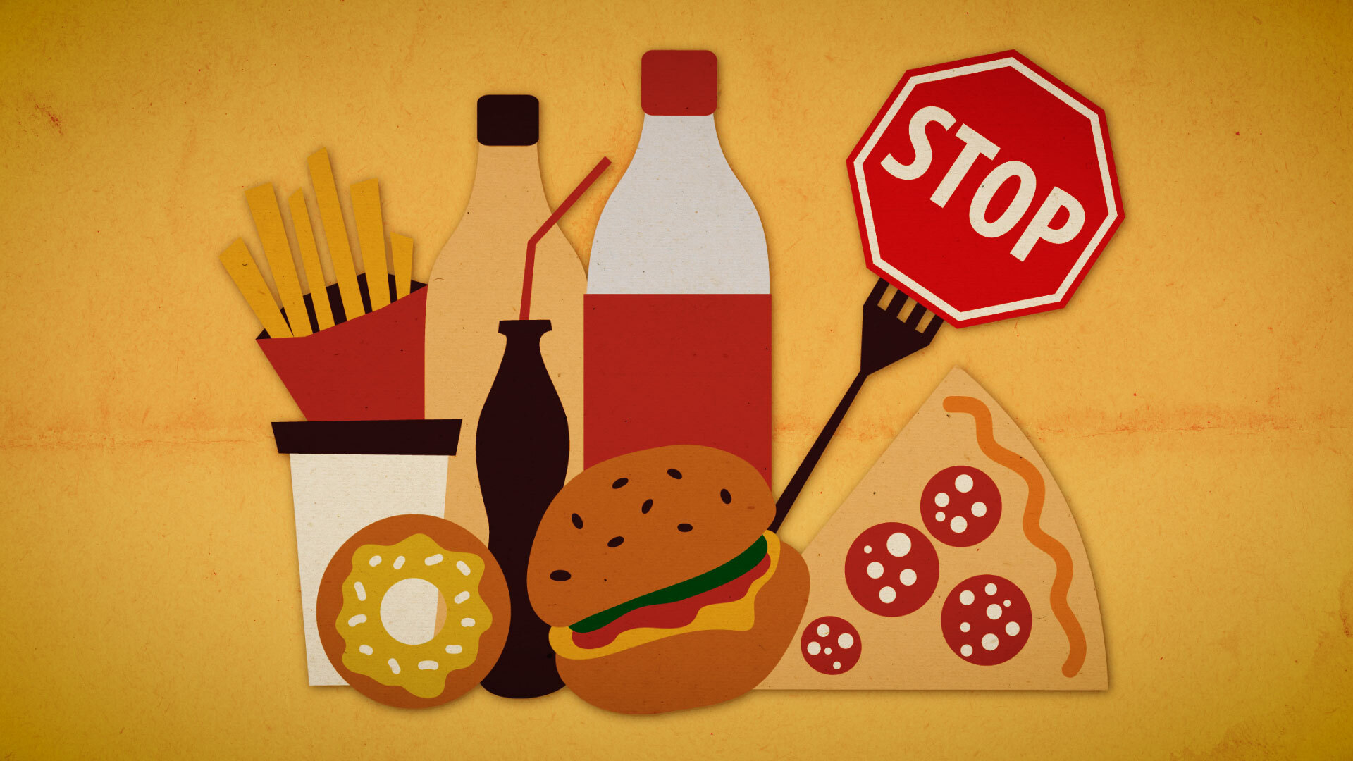 An illustration of soda, pizza, and other unhealthy foods with a STOP sign speared on a fork