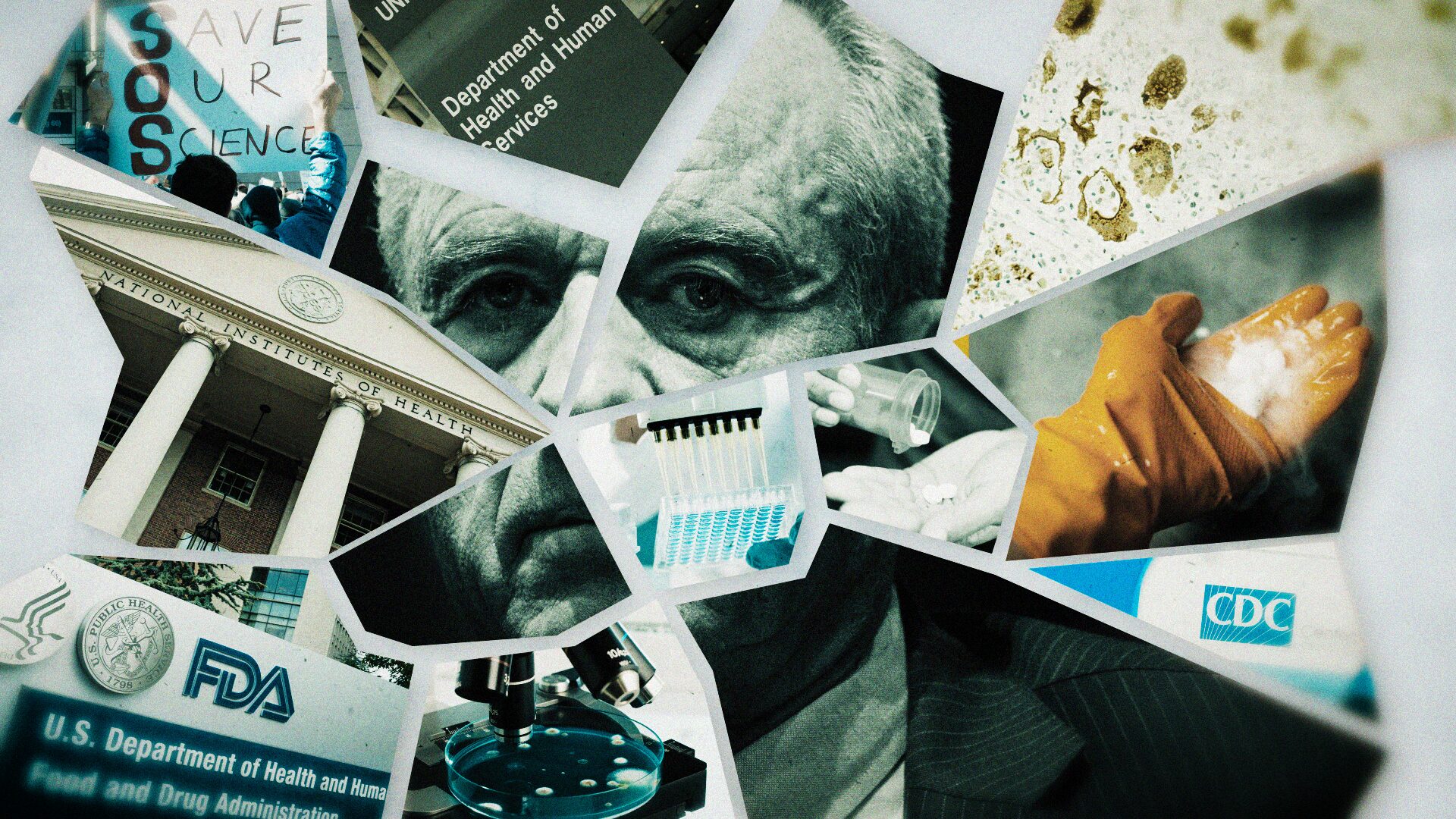 A fractured collage of Robert F. Kennedy Jr. and images of HHS agency signs and protests, displaying the fractured nature of our federal health agencies.
