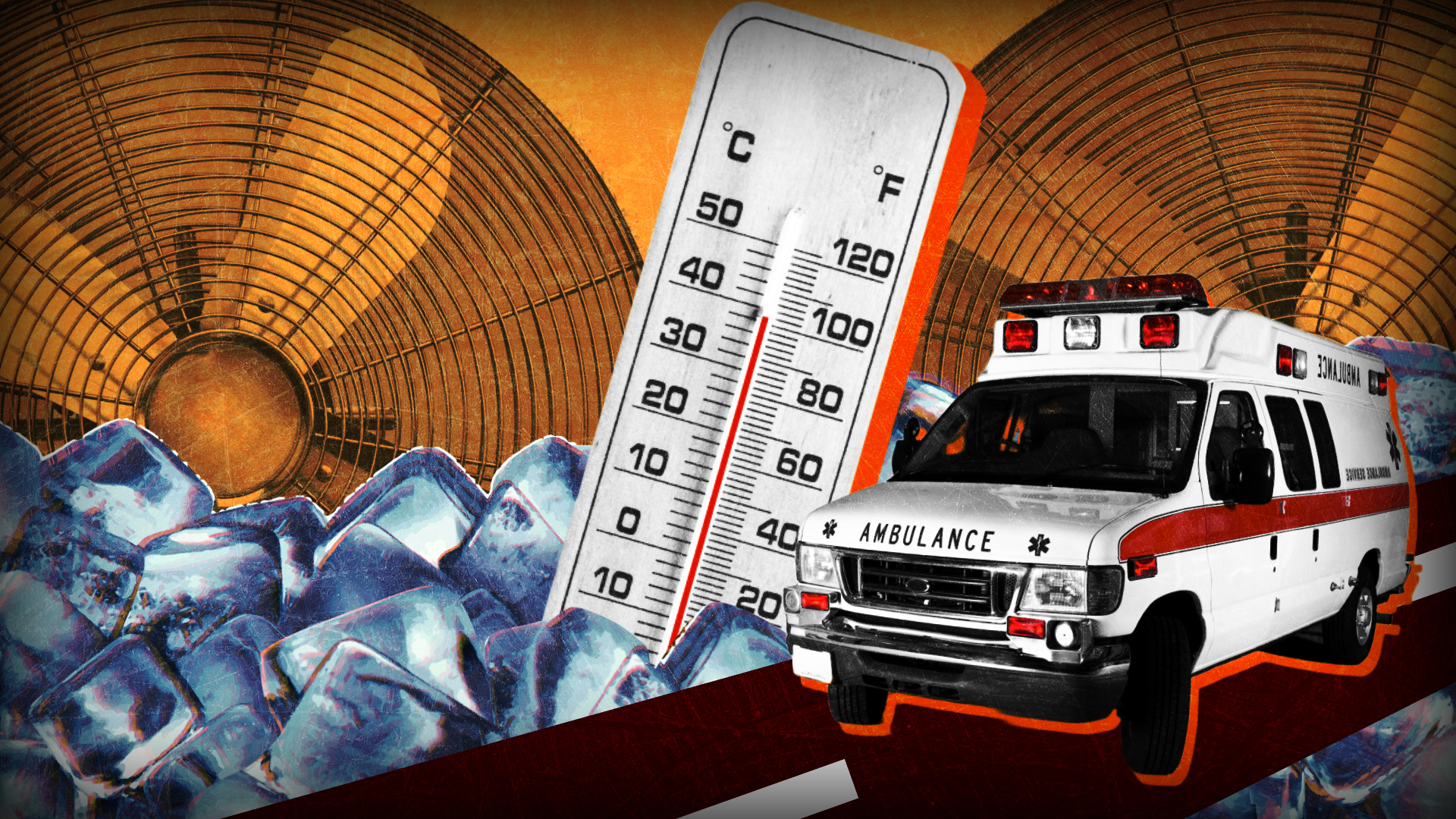 Photo illustration collage of ambulance, thermometer, fans, and ice 