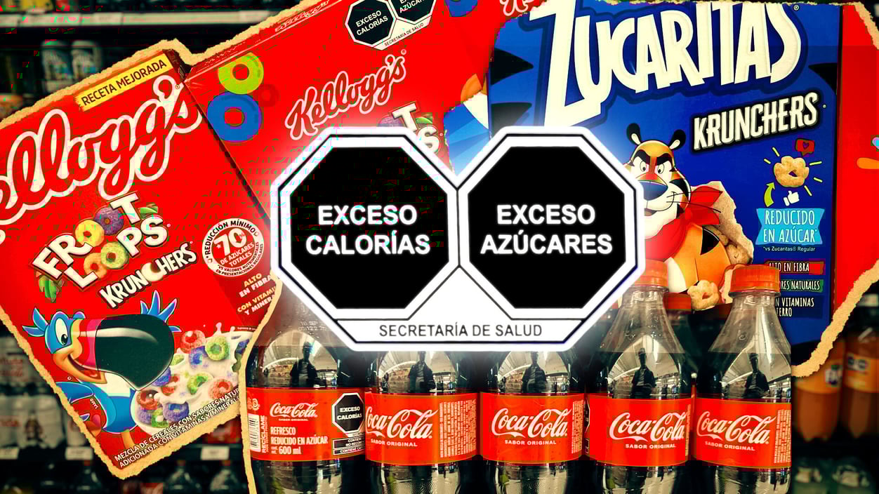 Colorful collage of Mexican cereal and soft drink packaging